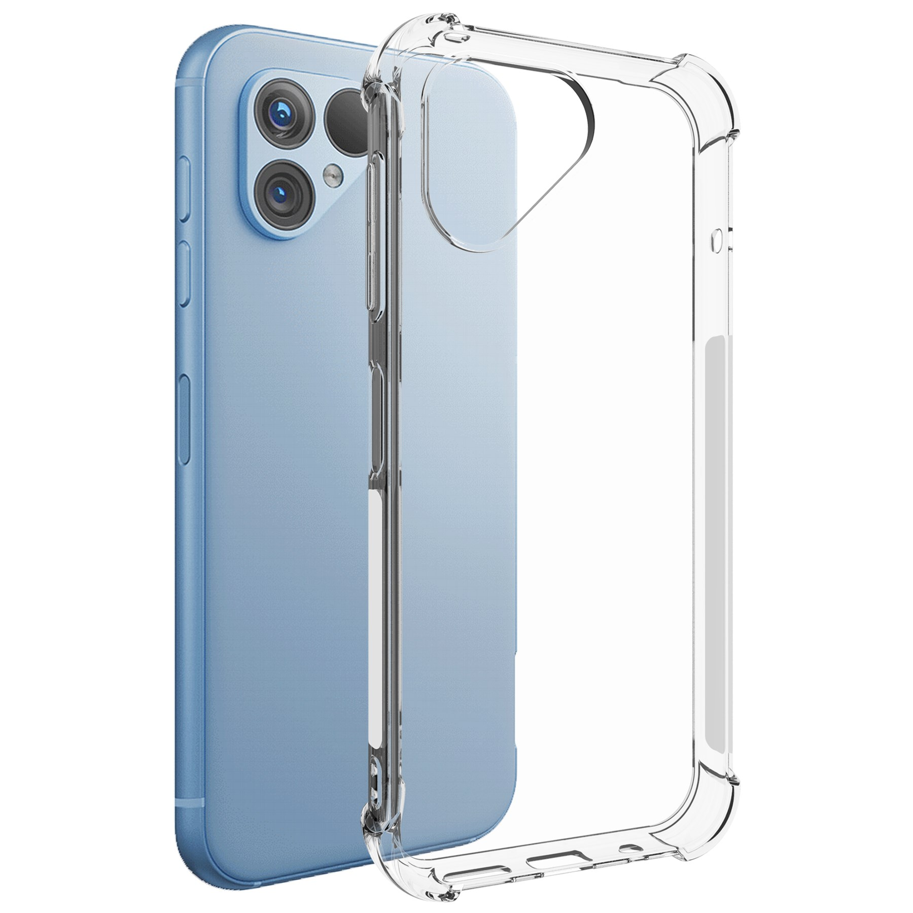Ein hellblaues Telefon mit einer transparenten Hülle, mit Dreifachkamera. Die Hülle ist transparent.