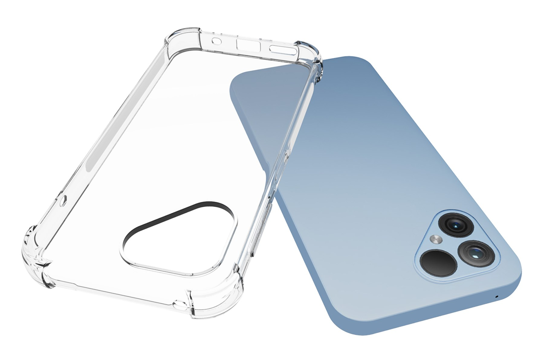 Transparente Handyhülle und ein hellblaues Telefon. Die Hülle ist offen.
