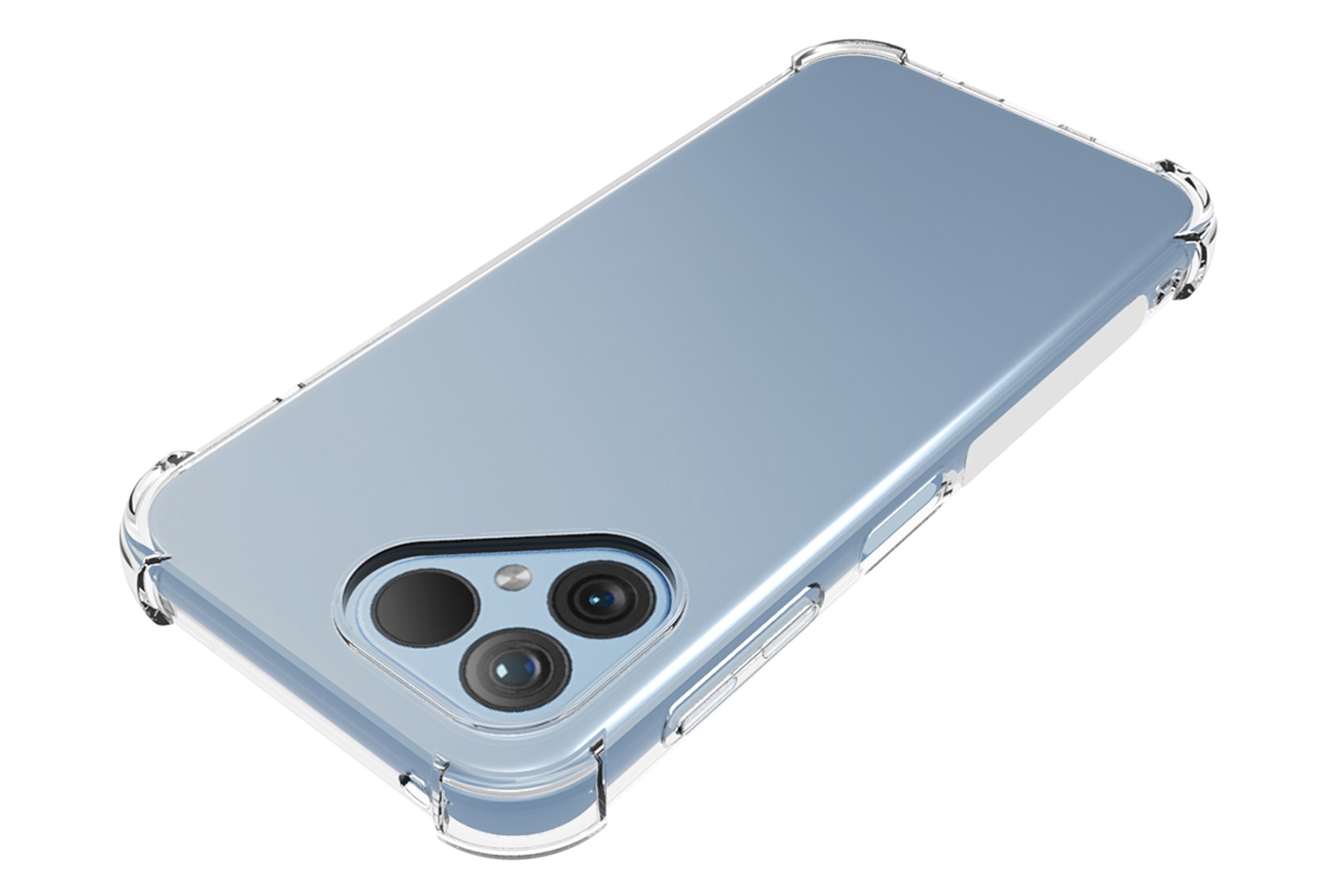Transparente Handyhülle auf einem blauen Telefon. Transparente Seiten und Kameraausbuchtung sind sichtbar.
