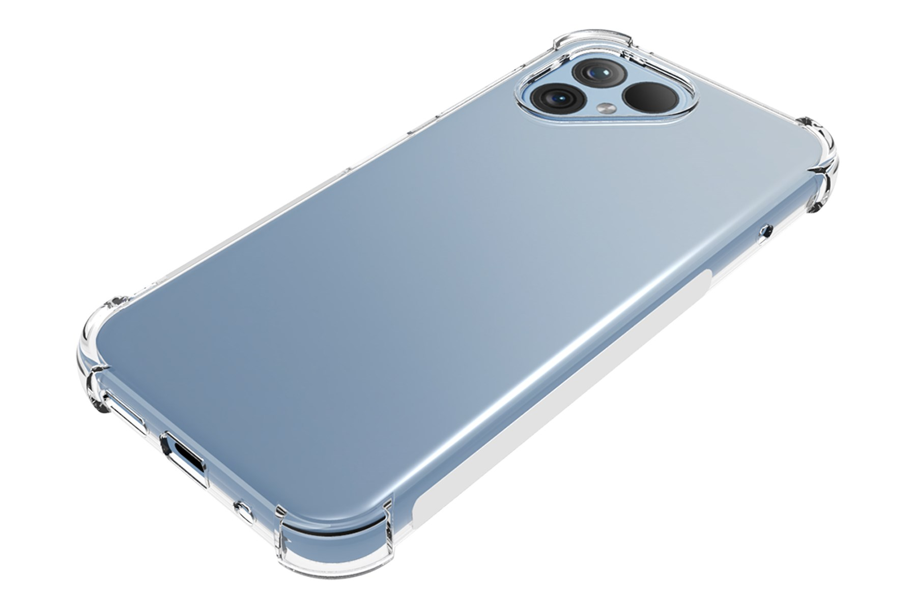 Eine transparente Handyhülle auf einem hellblauen Telefon. Die Hülle hat Schutzecken und eine klare Rückseite.