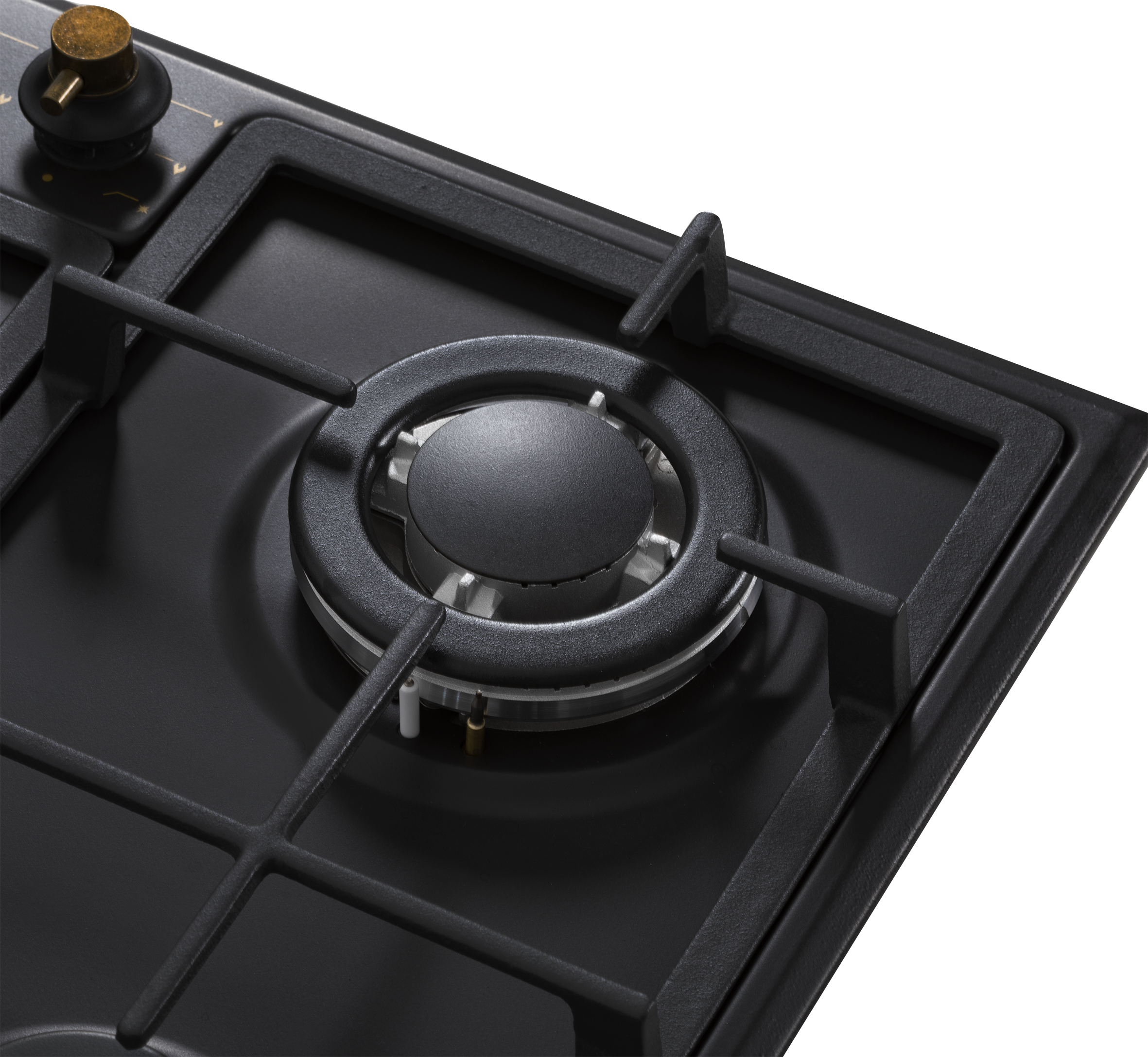 Primer plano de una estufa de gas negra. Anillo del quemador y panel de control negro.