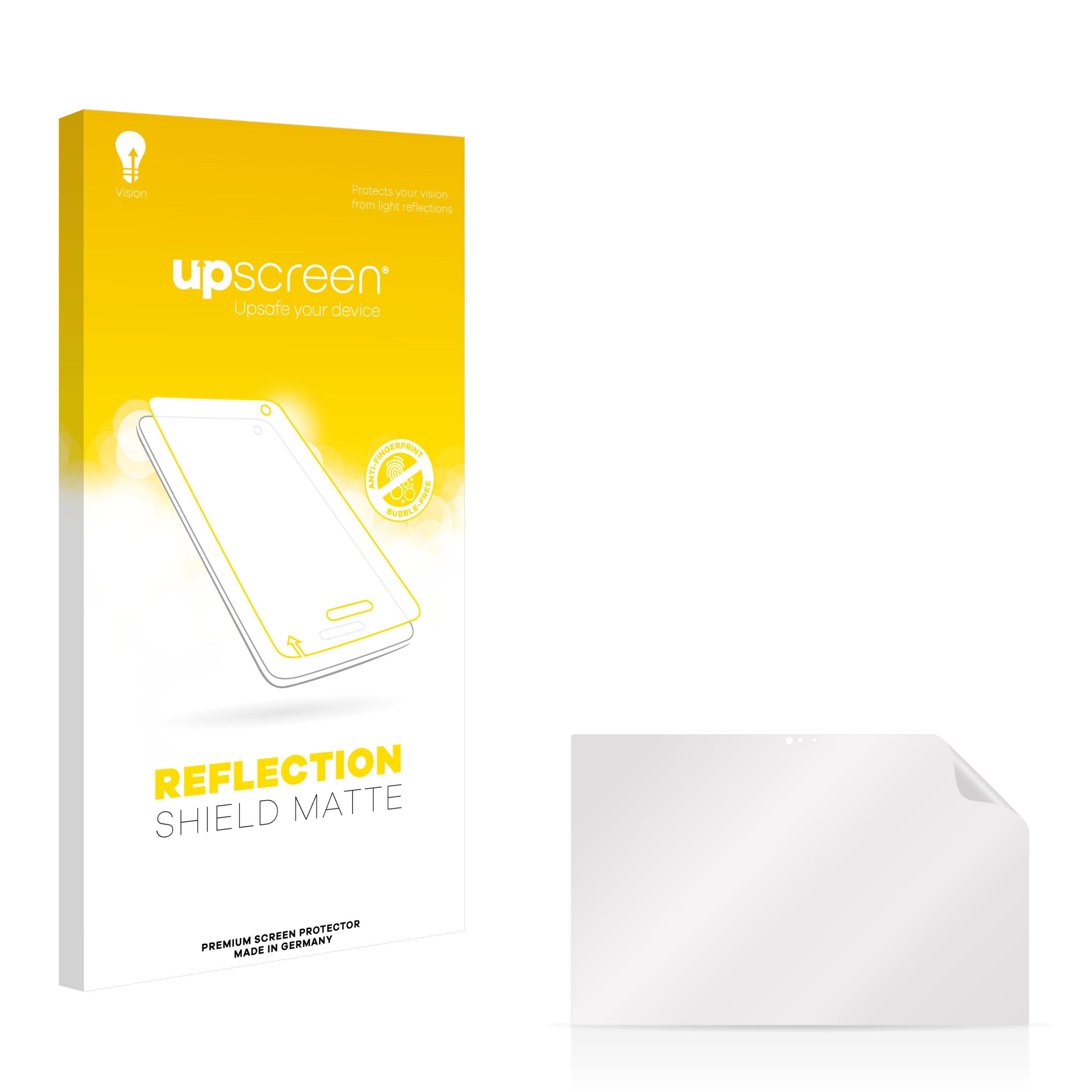 Eine weiße Schachtel mit einem Telefonumriss und einer Displayschutzfolie. Es steht 'Reflection Shield Matte' und 'up screen'.