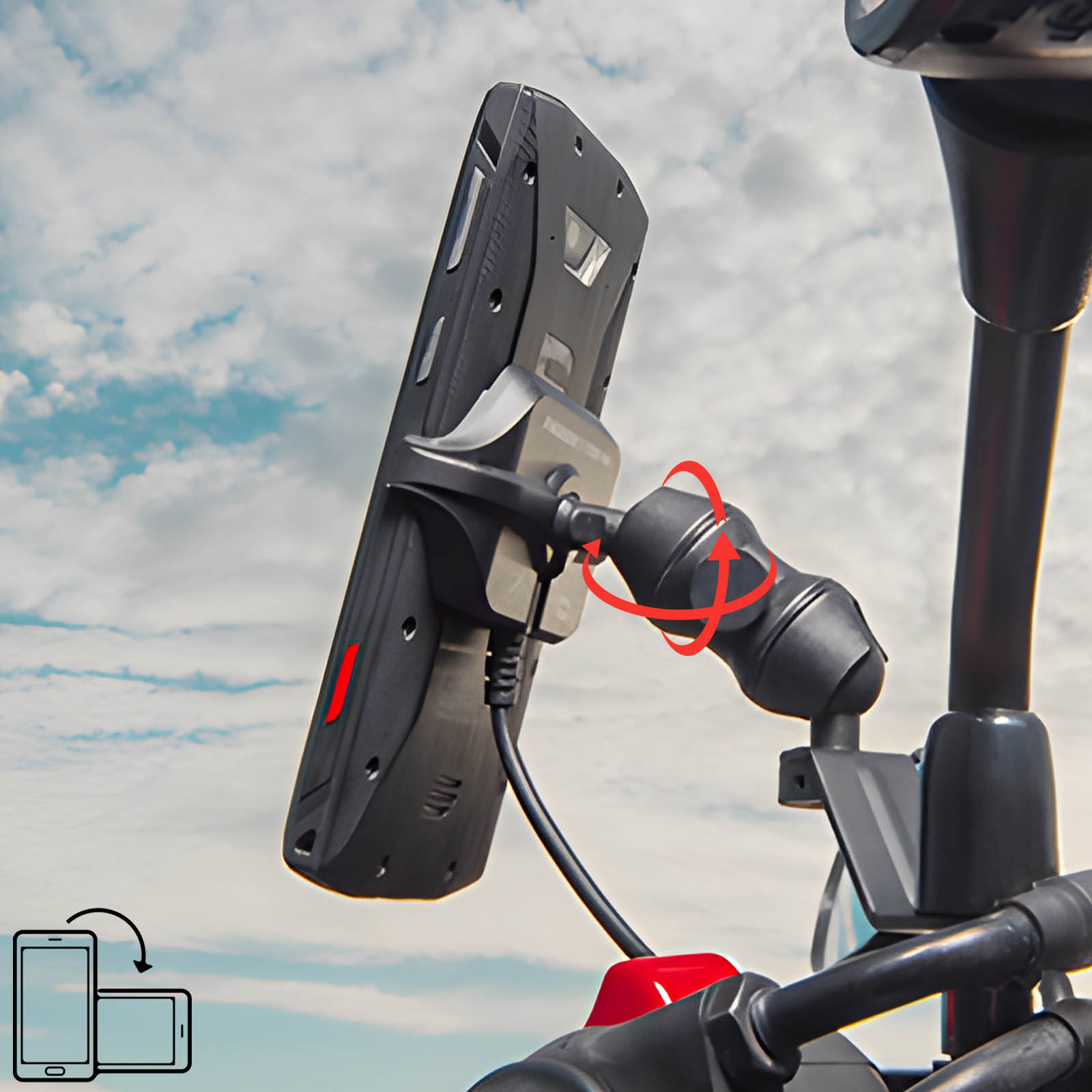 Un soporte para teléfono sujeto a un manillar. Muestra una función de rotación. Cielo en el fondo.