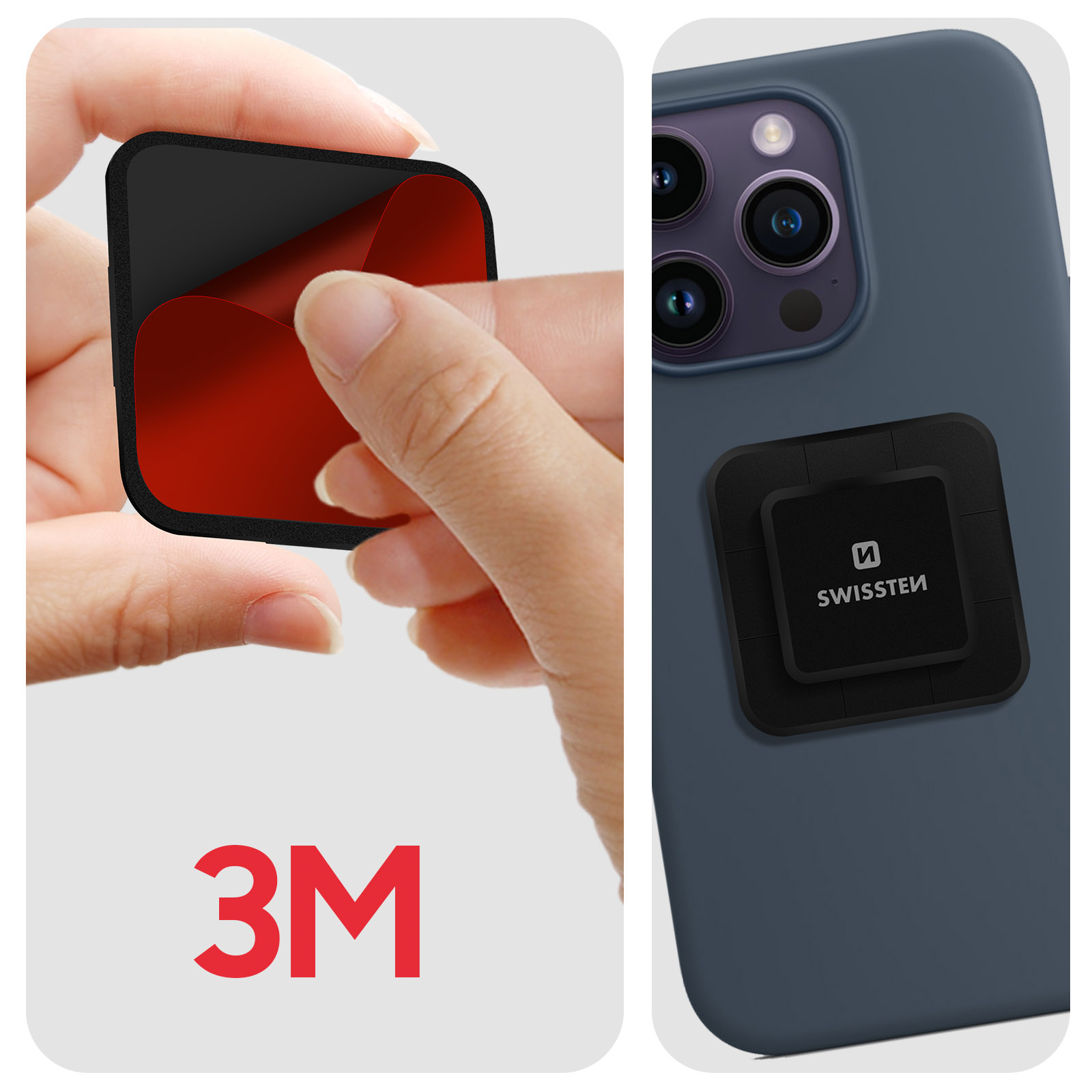 Una mano che tiene un adesivo con adesivo rosso. Accanto a un telefono con un quadrato nero sul retro.