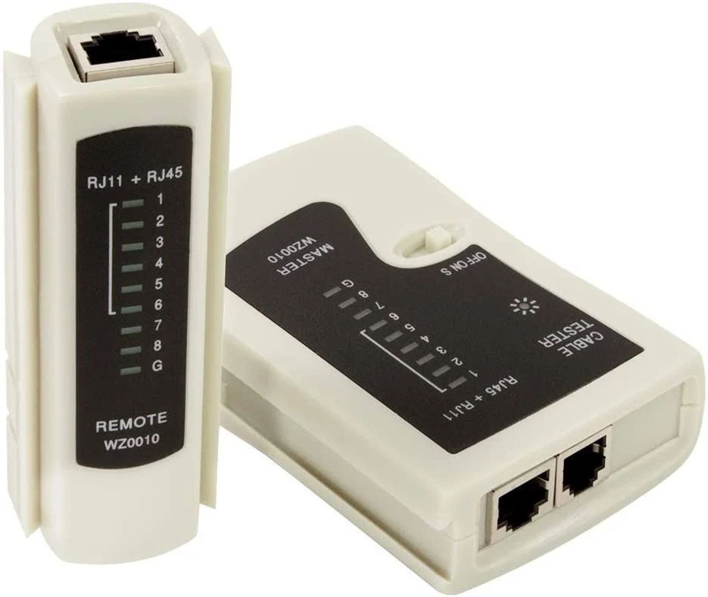 Kabeltester, weiß und schwarz. Zeigt die Testlichter, zwei RJ45-Anschlüsse.