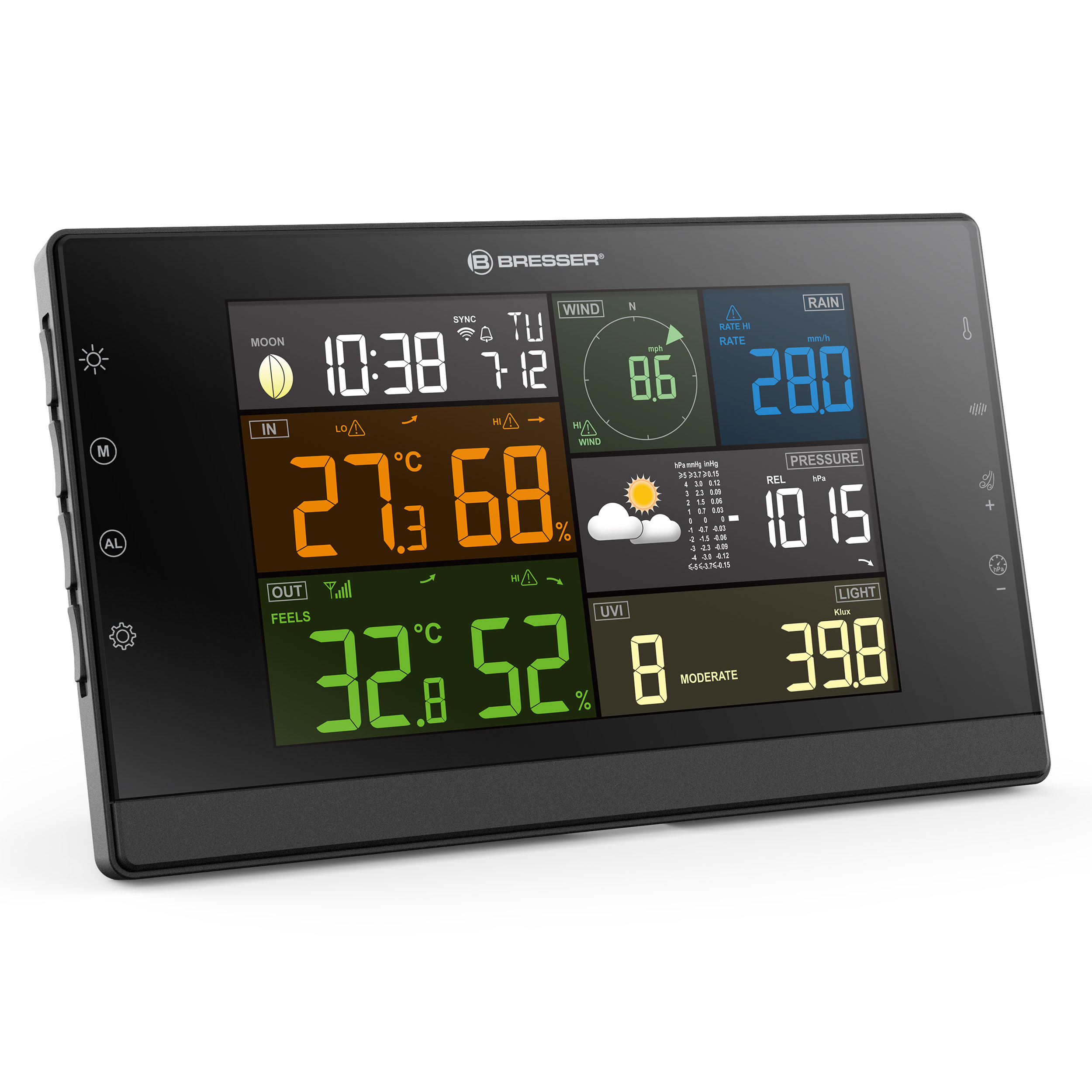 Estación meteorológica negra que muestra hora, temperatura, humedad, viento, lluvia y datos UVI. Fondo negro.