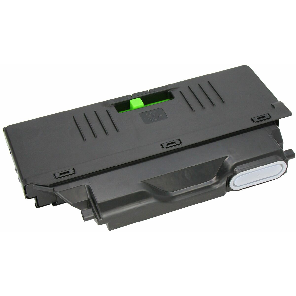 Cartuccia toner per stampante nera e grigia su sfondo bianco.