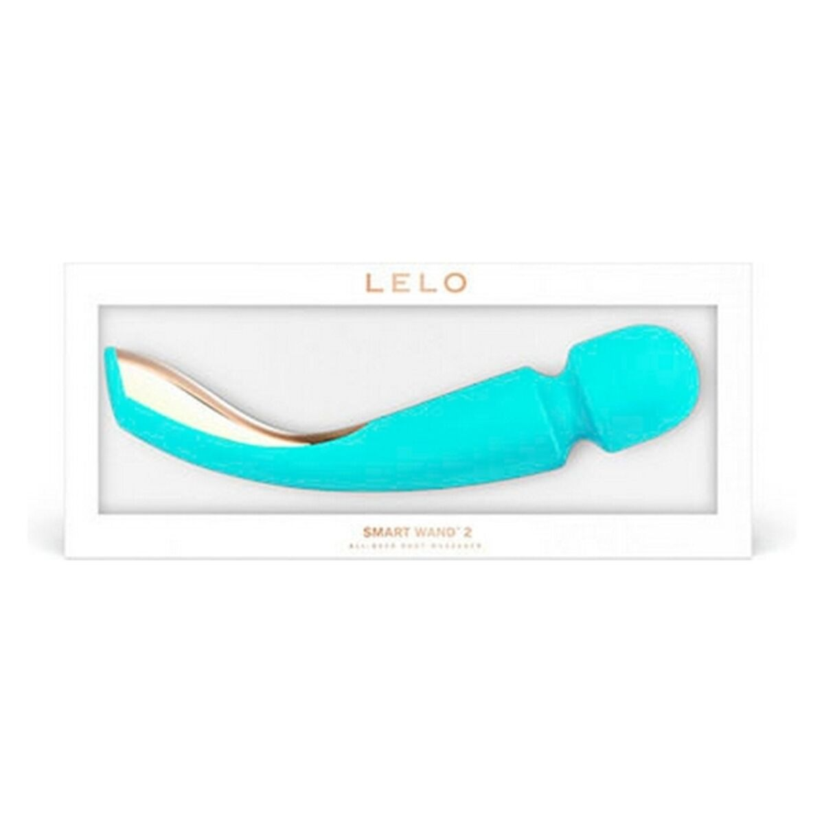Un sex toy blu in una scatola bianca con il logo LELO. Il giocattolo è curvo.