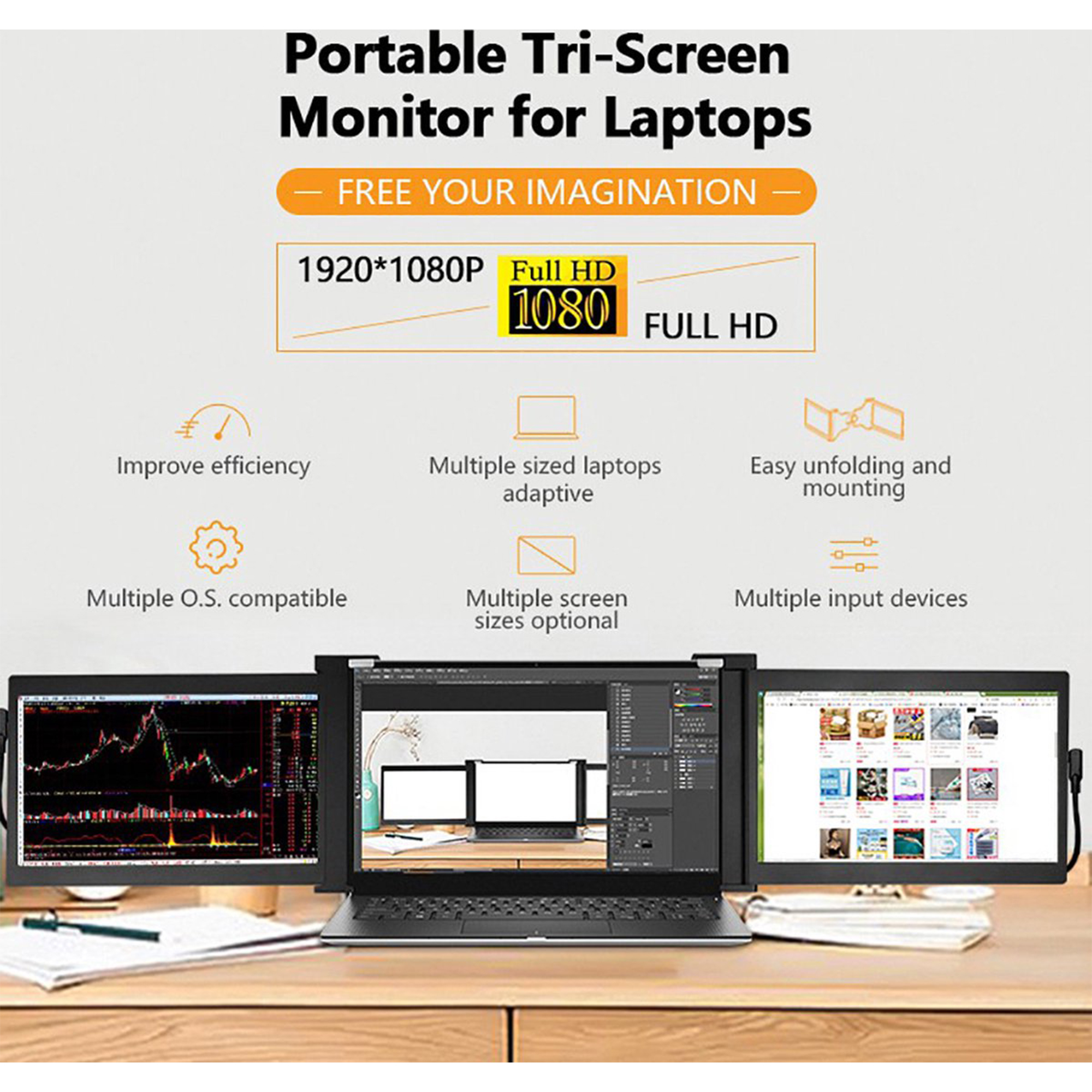 Przenośny monitor z trzema ekranami do laptopów. Widoczne są trzy ekrany, a pośrodku laptop.