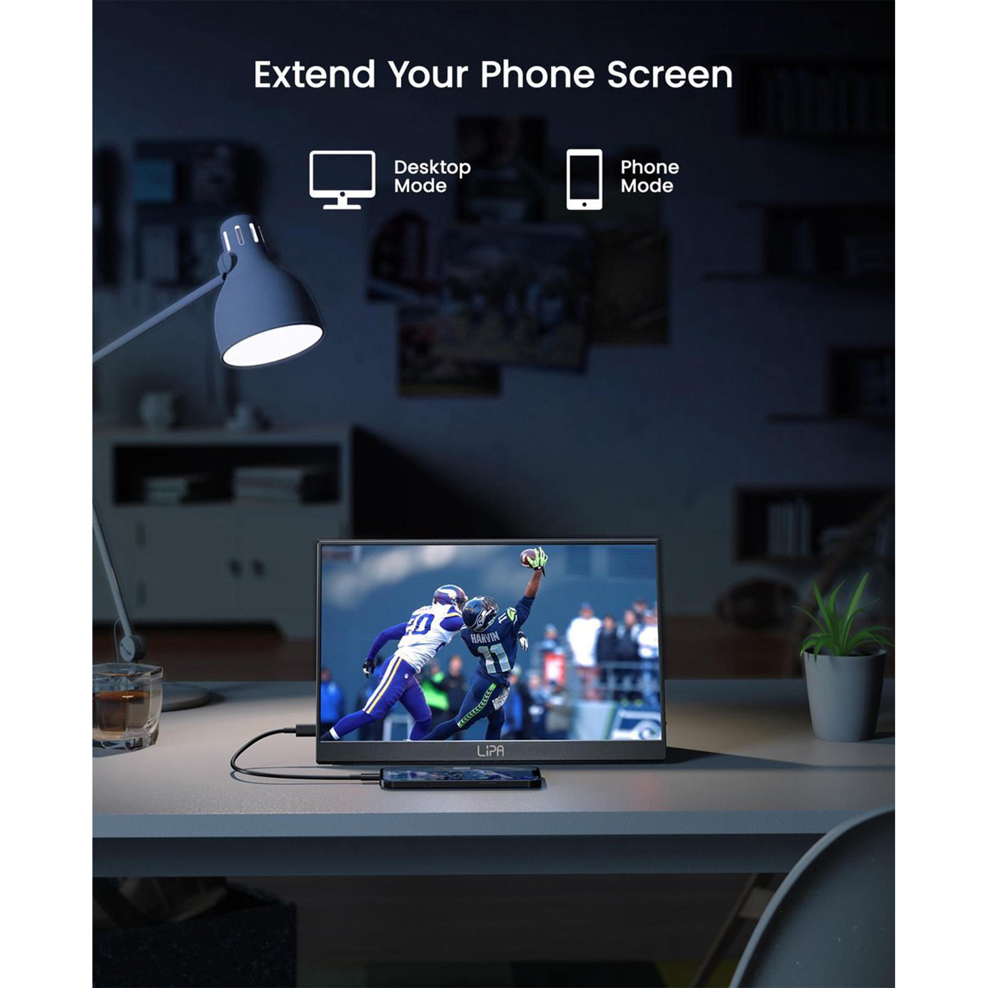 Konfiguracja pulpitu z monitorem wyświetlającym mecz piłki nożnej. Telefon jest podłączony.