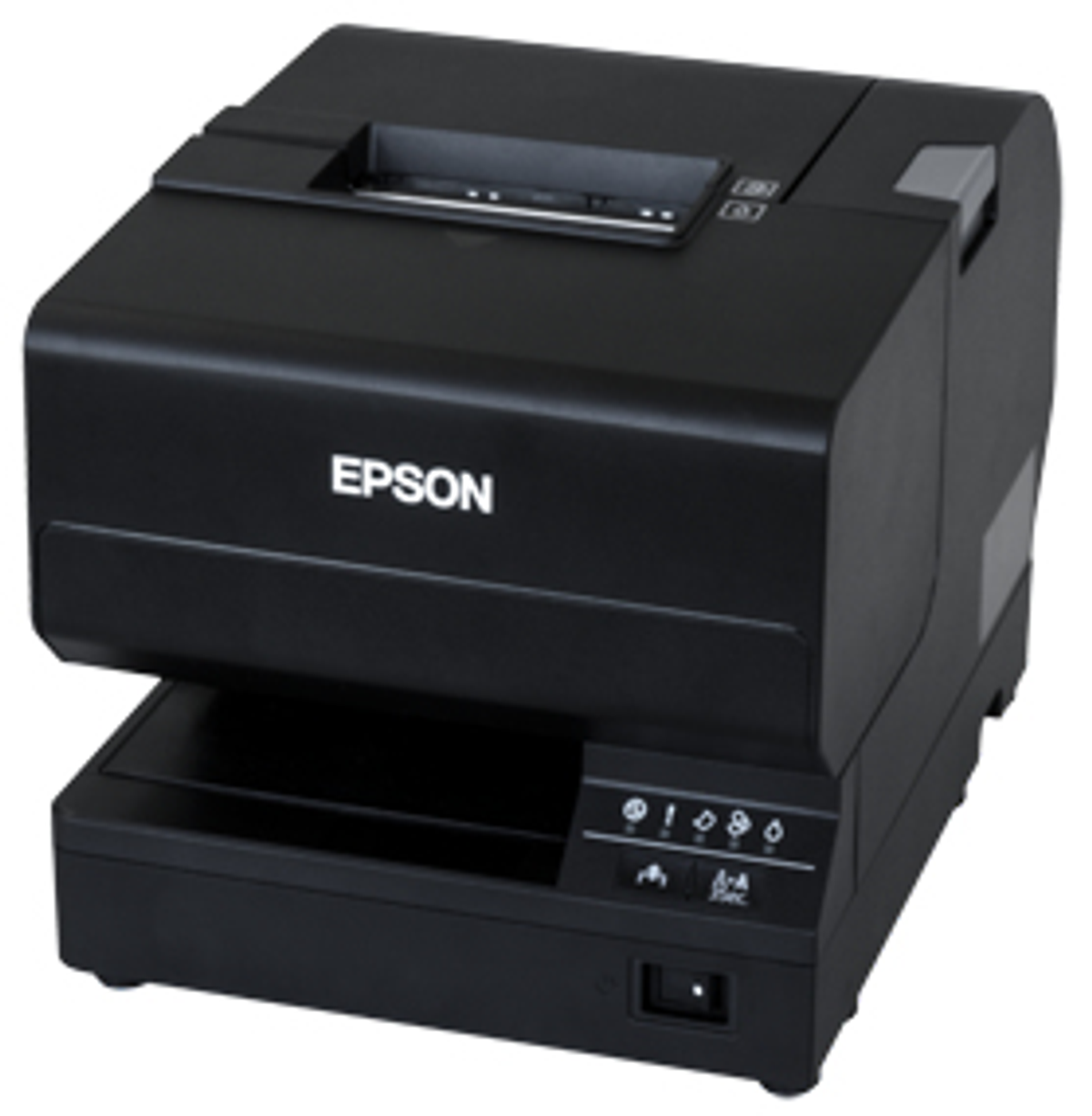 Zdjęcie przedstawia czarną drukarkę paragonów Epson, widzianą z lekkiego uniesienia.