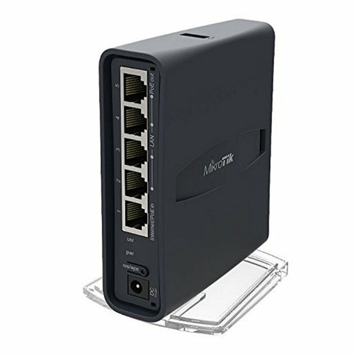 Czarne urządzenie sieciowe z portami i anteną. Znajduje się na przezroczystym stojaku.