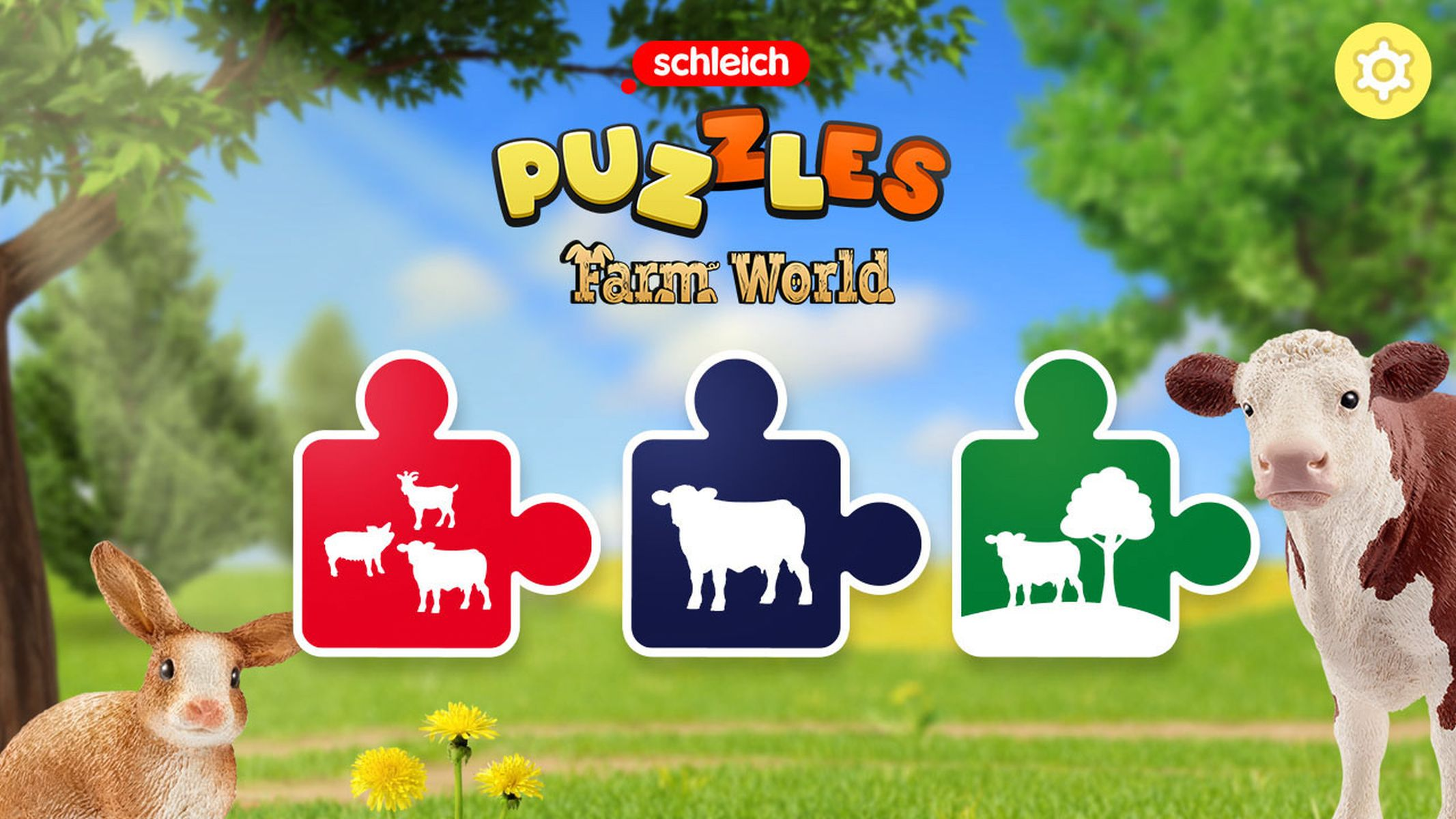 Puzzelspel met boerderijdieren. Een koe, een konijn en puzzelstukken.