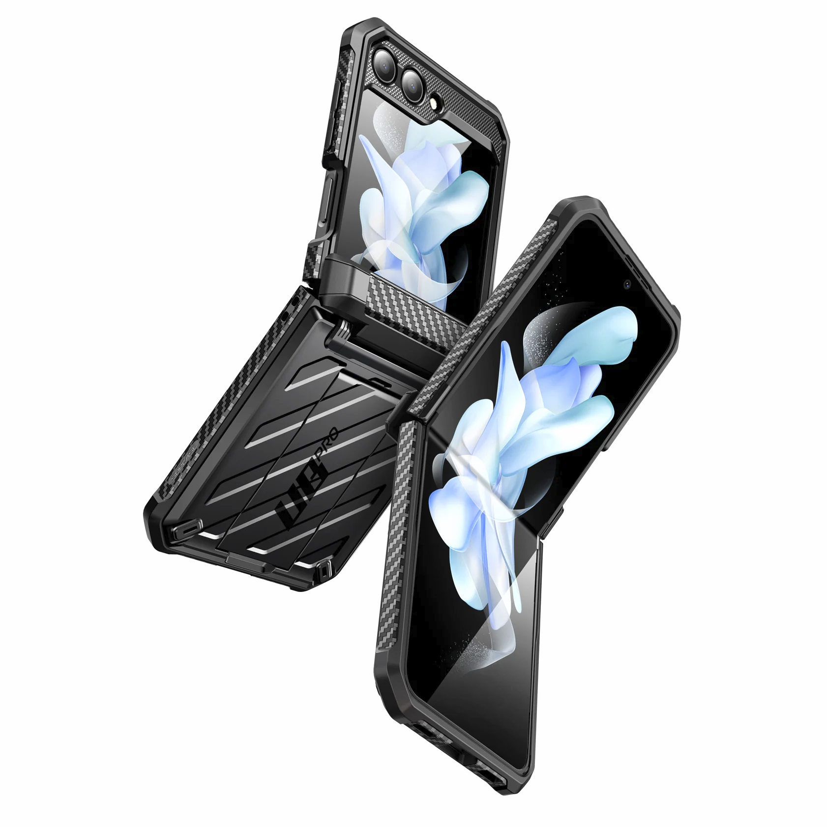 Zwei schwarze Samsung Galaxy Z Flip-Telefone, geöffnet und abgewinkelt. Die Bildschirme zeigen ein Blumenmuster.