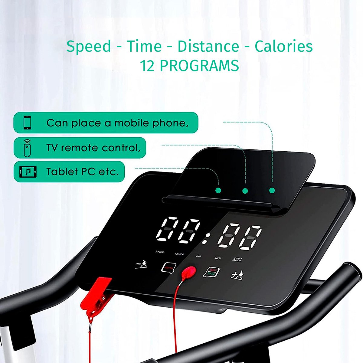 Laufbandkonsole mit Anzeige von Zeit, Distanz, Kalorien und Geschwindigkeit. Es kann ein Telefon halten.