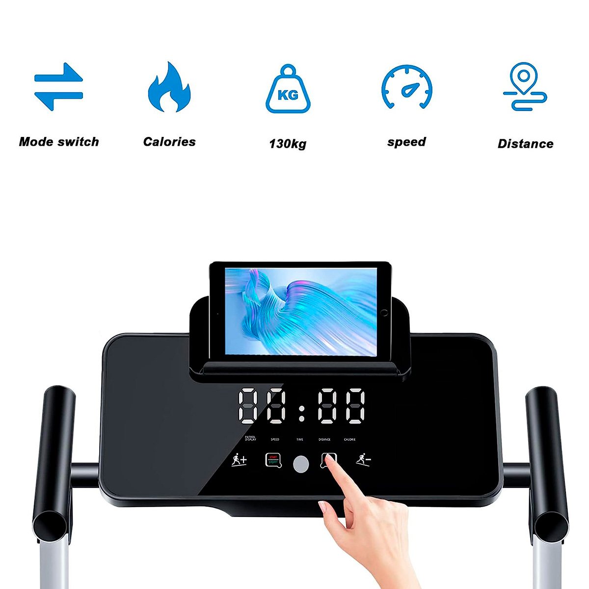 Laufbandkonsole mit Symbolen für Modus, Kalorien, Gewicht, Geschwindigkeit und Distanz.