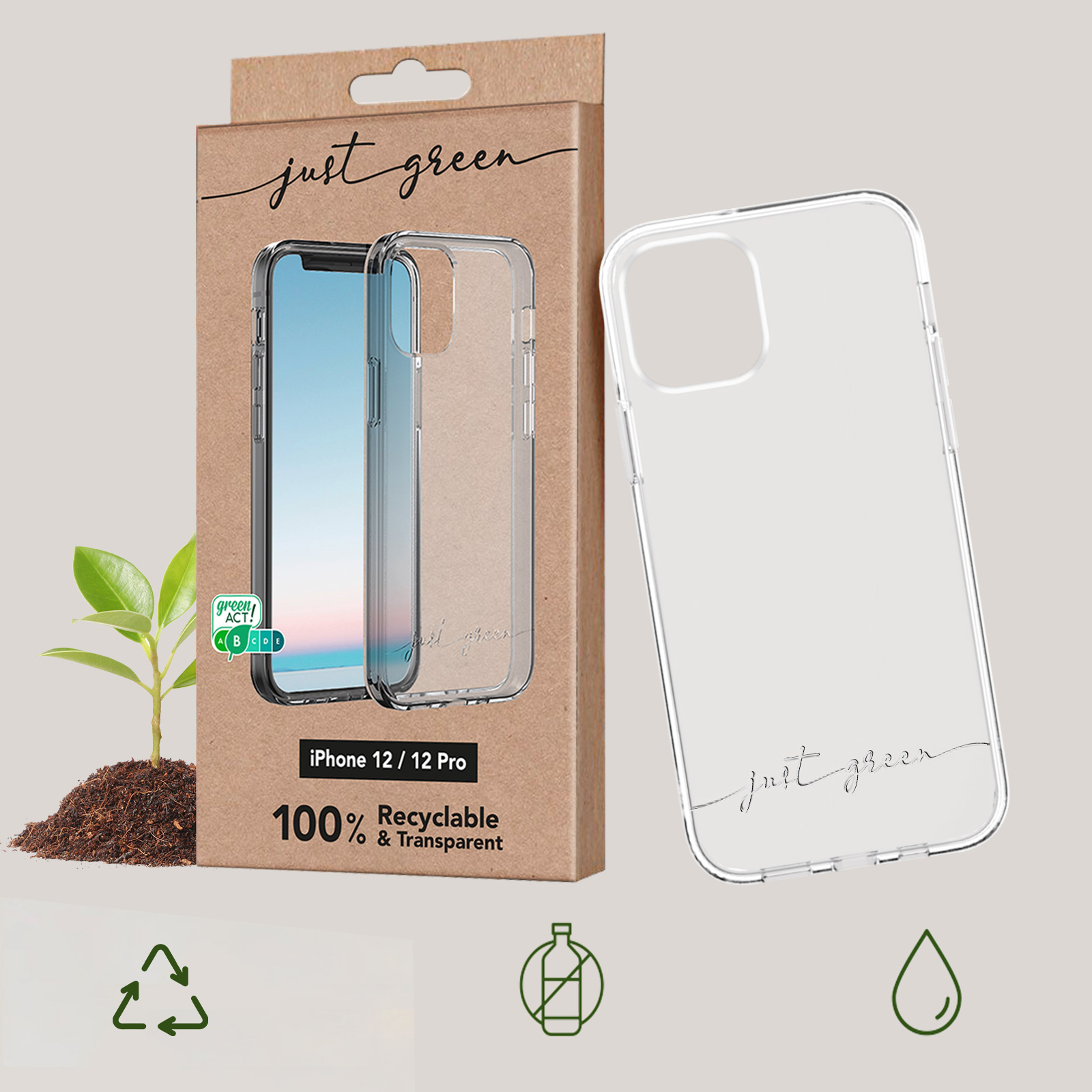 Transparente Handyhülle mit Box. Telefon sichtbar. Braune Box mit grünem Blatt und Text.
