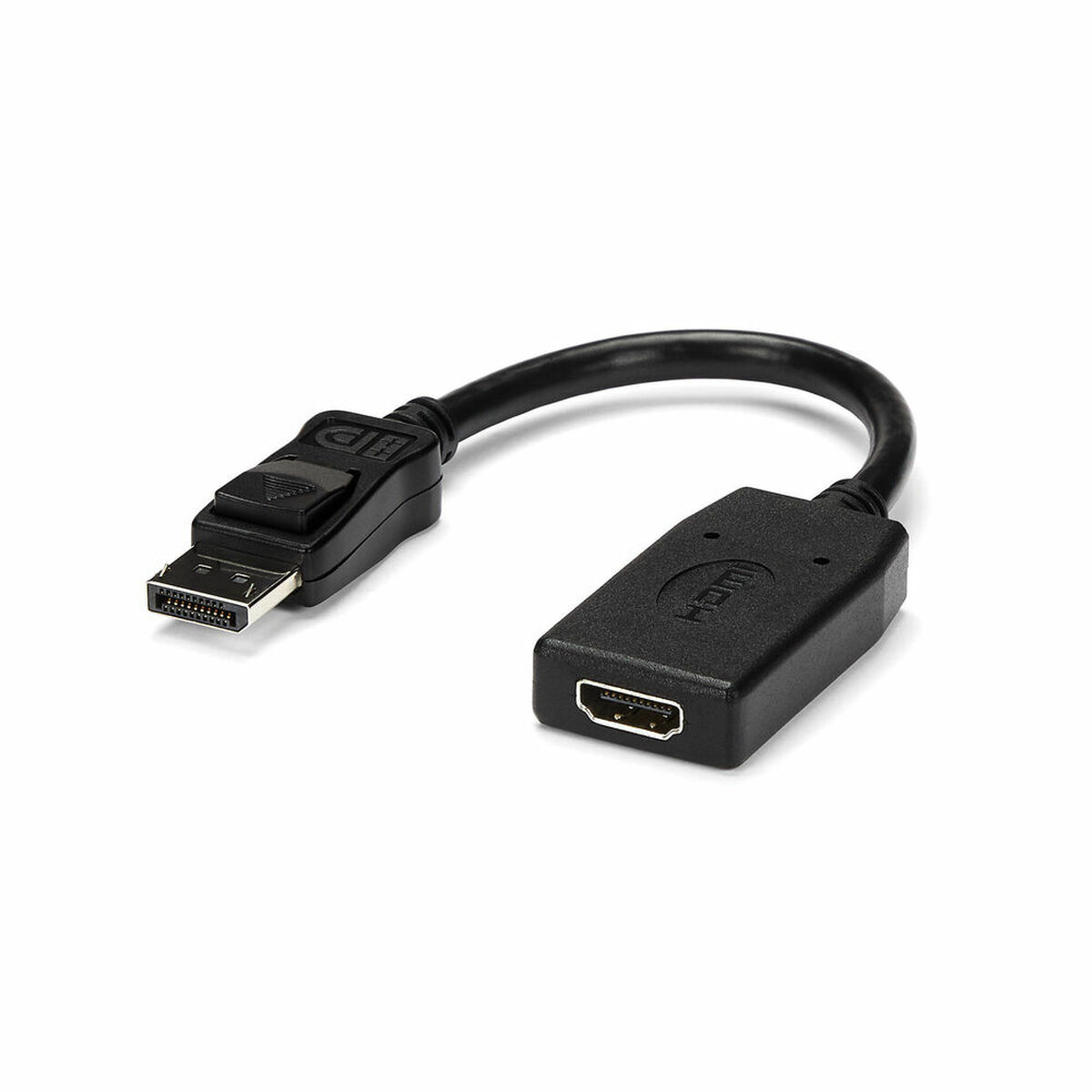 Schwarzes DP-zu-HDMI-Adapterkabel. Weißer Hintergrund.