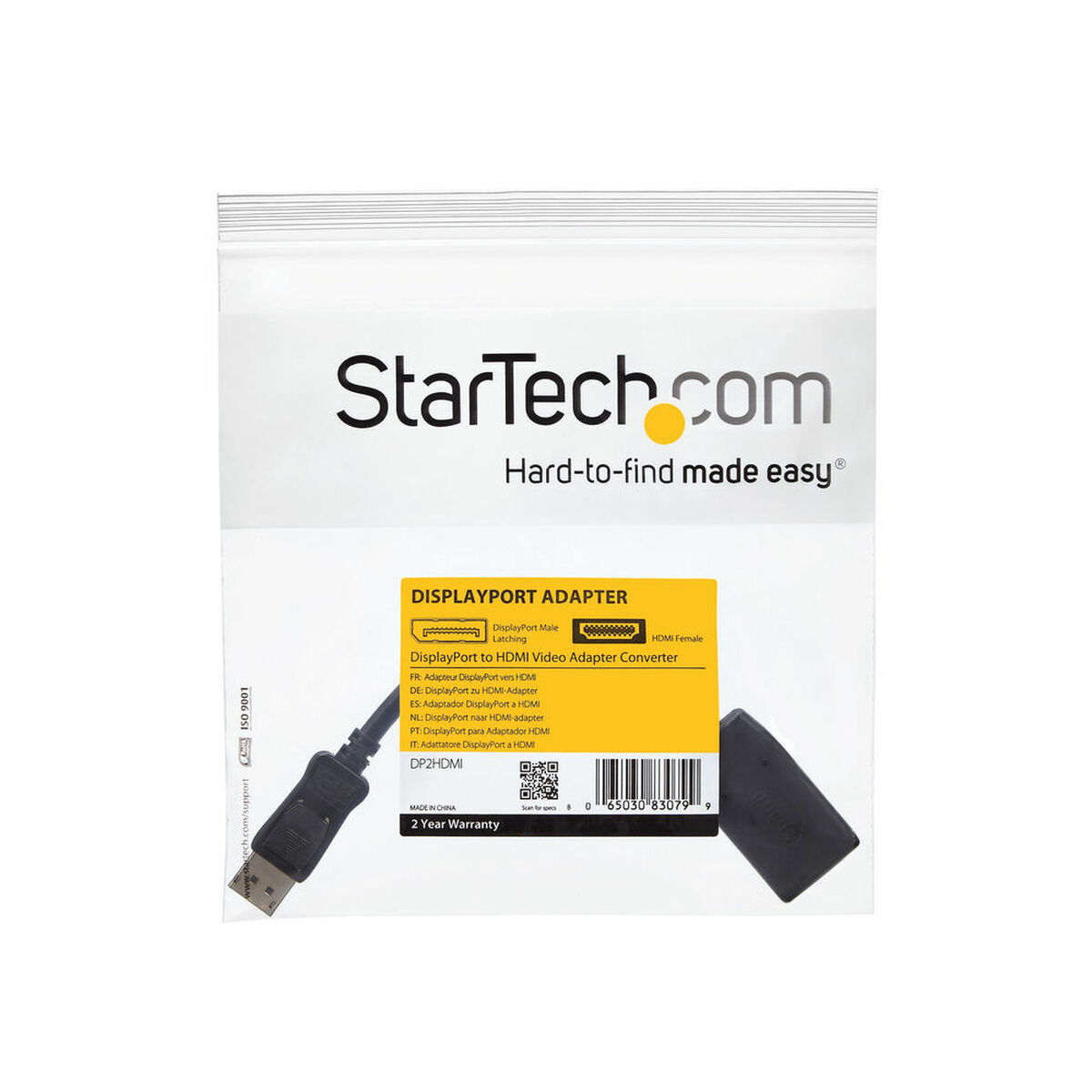 Eine Plastiktüte mit einem StarTech.com DisplayPort-Adapter und Produktinformationen.