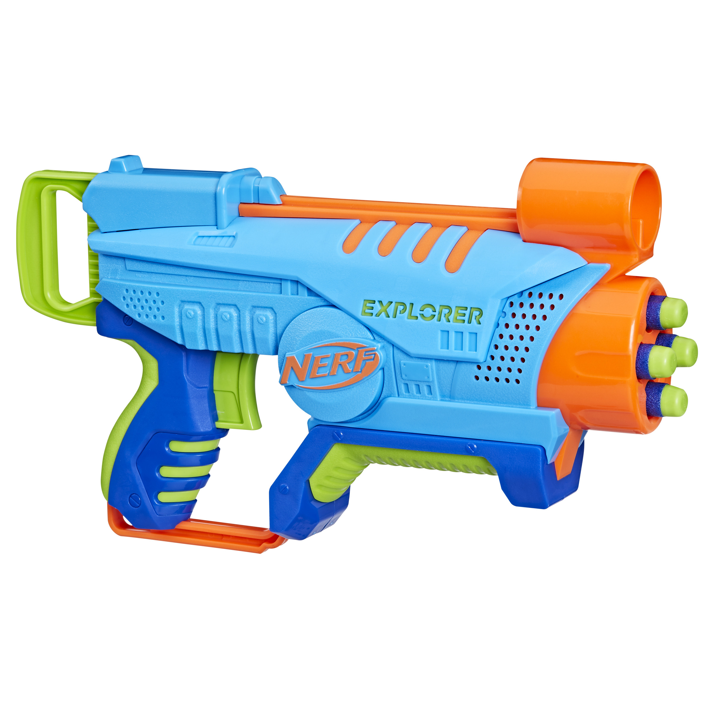 Una pistola Nerf Explorer blu e arancione. La pistola è su sfondo bianco.