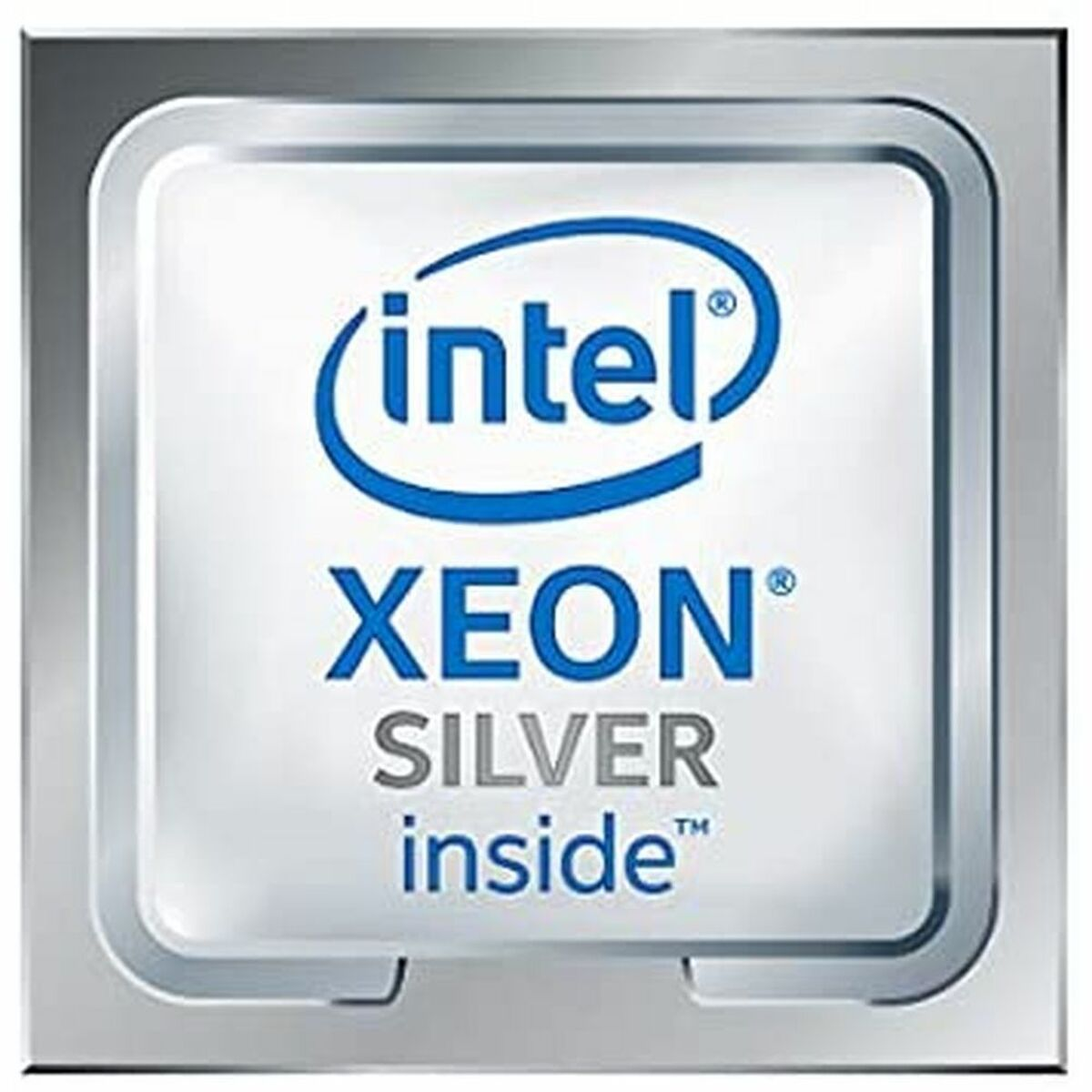 Processore Intel Xeon Silver con cornice argentata, logo e testo blu.