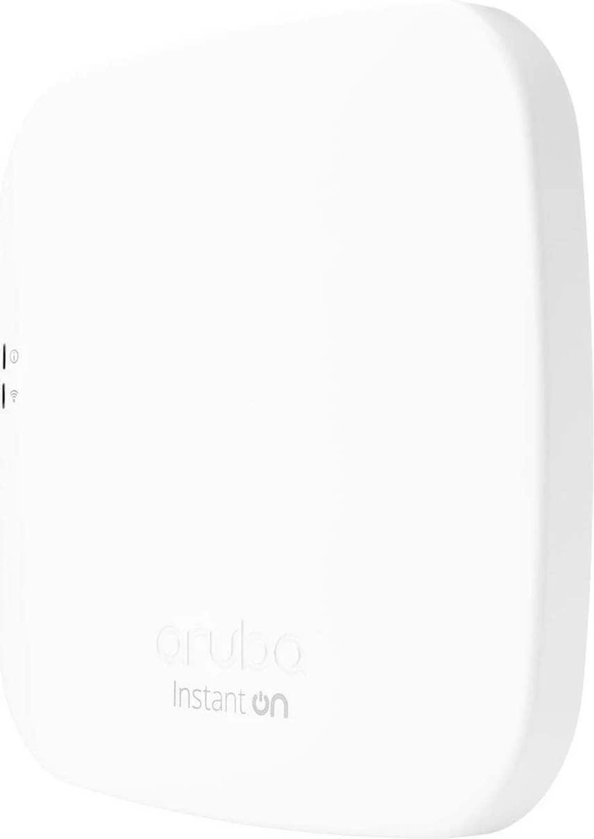 Access point Aruba Instant On bianco, con due spie, su sfondo bianco. Il logo è visibile.