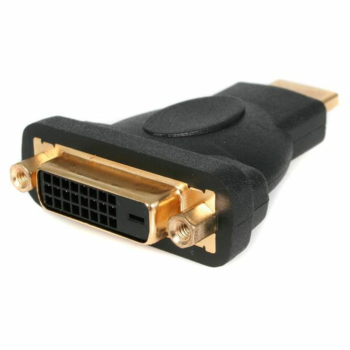 Schwarzer DVI-zu-HDMI-Adapter. Schwarzer Kunststoff mit goldenen Steckern auf weißem Hintergrund.