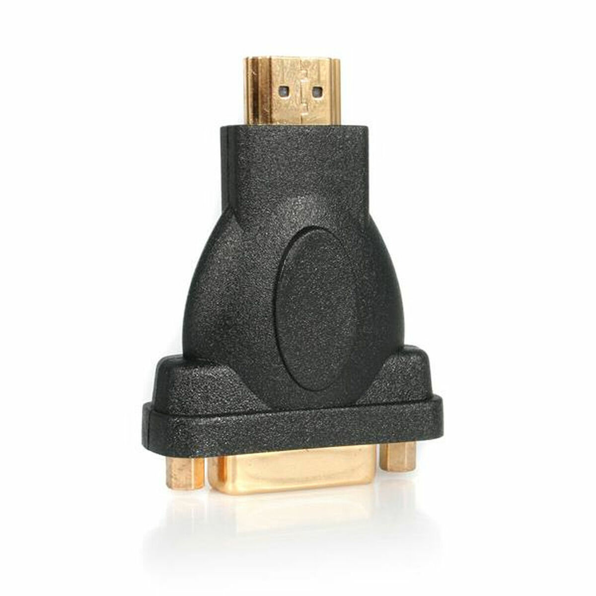 Ein schwarzer HDMI-zu-DVI-Adapter mit goldenen Anschlüssen, isoliert auf weißem Hintergrund.