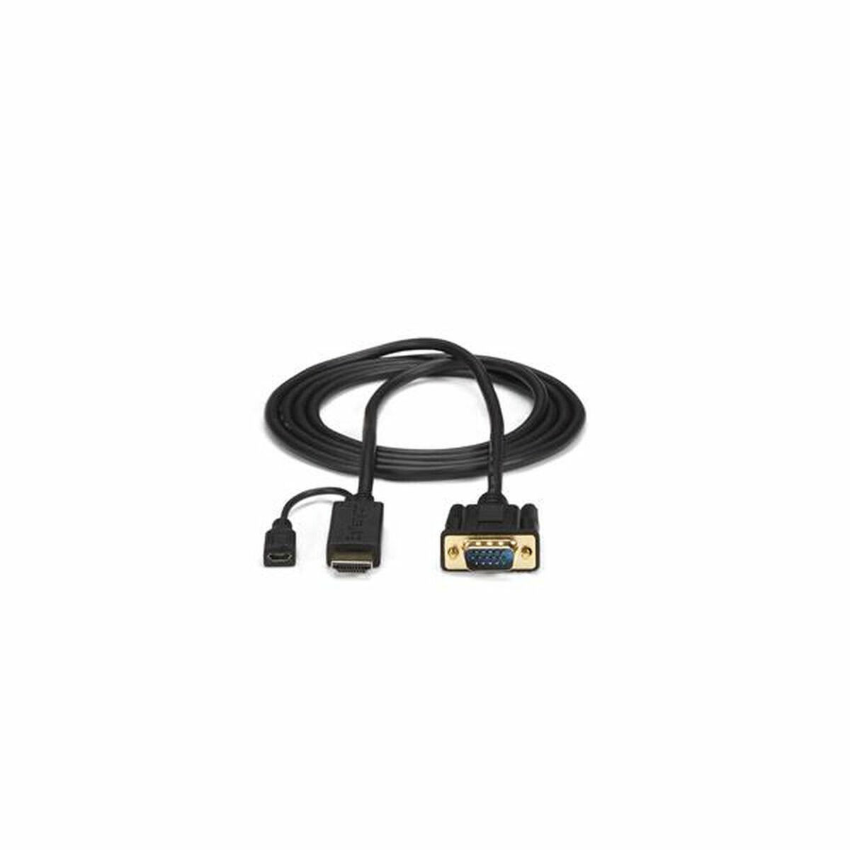 Schwarzes HDMI-zu-VGA-Kabel. HDMI- und VGA-Anschlüsse an jedem Ende. Weißer Hintergrund.