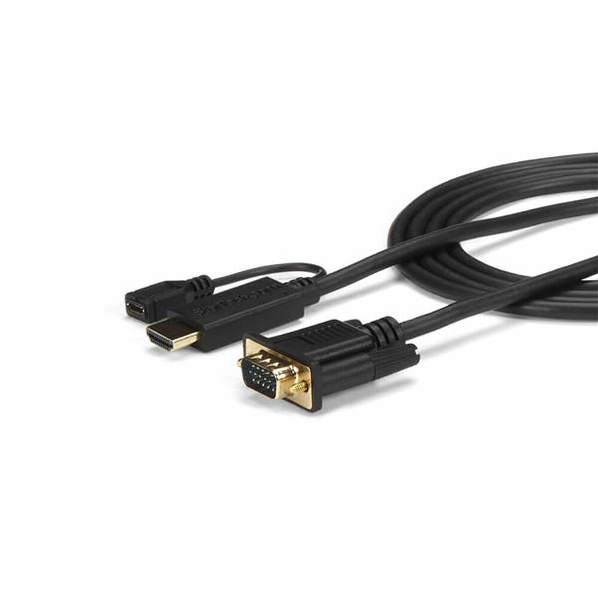Schwarzes Kabel mit HDMI- und VGA-Anschlüssen. Weißer Hintergrund.