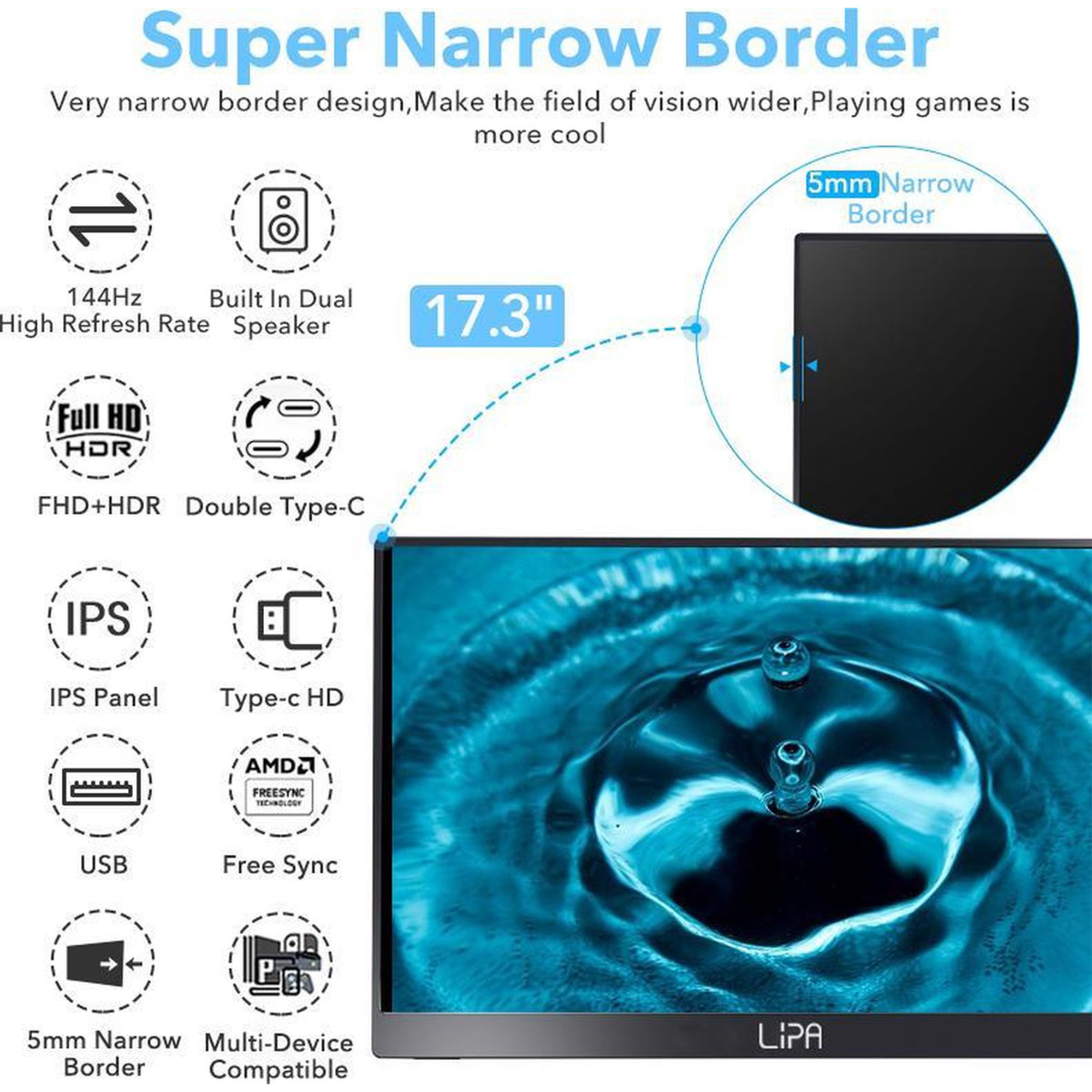 Monitor z wąską ramką, z obrazami jego funkcji i specyfikacji.