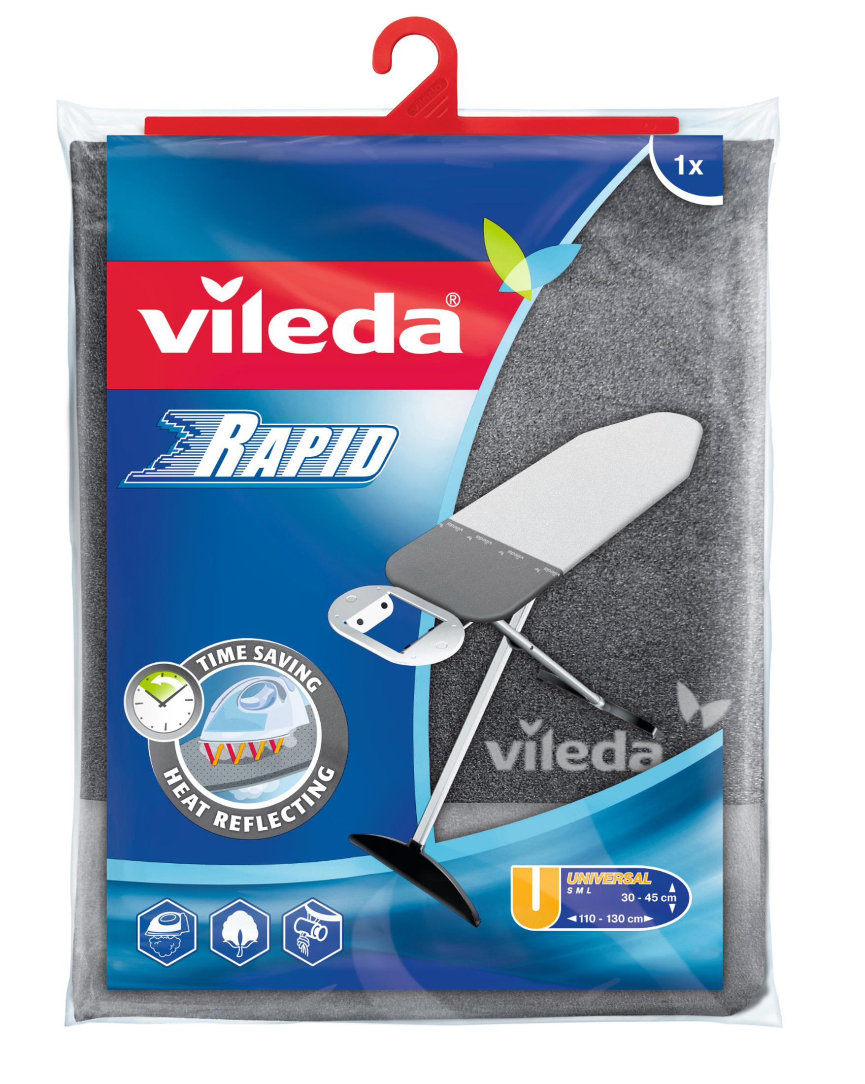 Opakowanie pokrowca na deskę do prasowania, pokazujące szarą osłonę i białą deskę do prasowania.