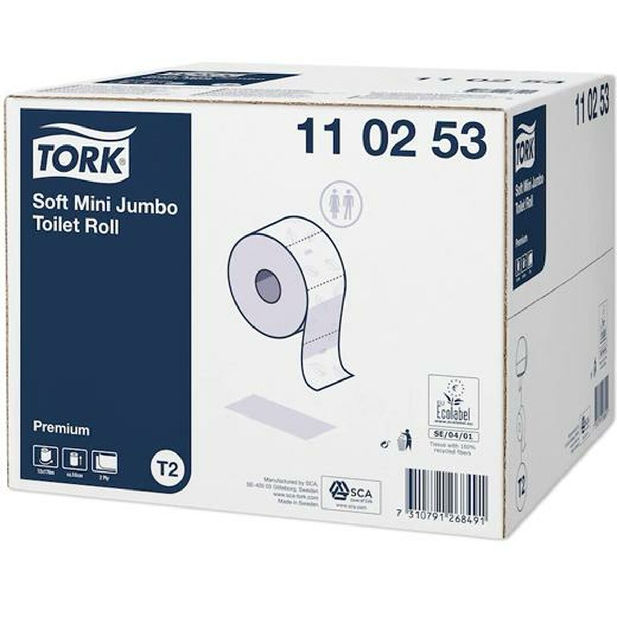 Eine Box mit Tork Soft Mini Jumbo Toilettenpapierrollen, mit Branding und Informationen.