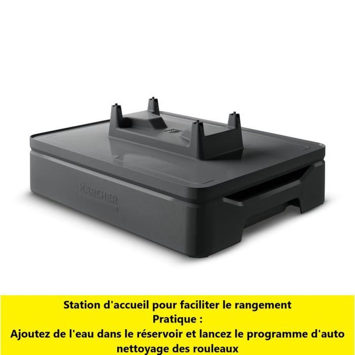 Czarna stacja dokująca do parownicy Kärcher na białym tle. Tekst po francusku.