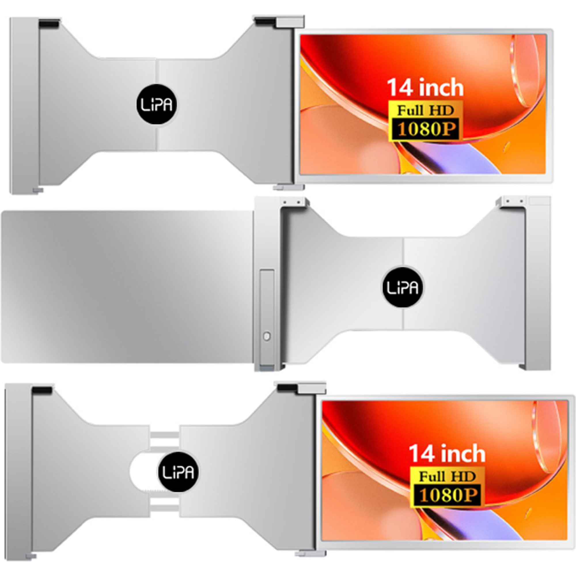 Trzy srebrne stojaki monitorowe LIPA. Mają ekran po prawej stronie. Białe tło.