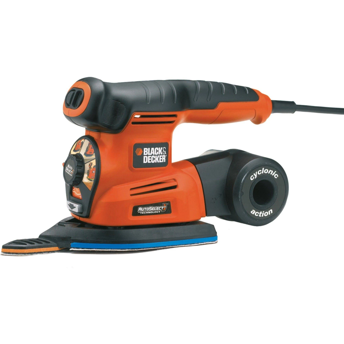 Levigatrice Black & Decker arancione e nera, con cavo nero e tampone blu.
