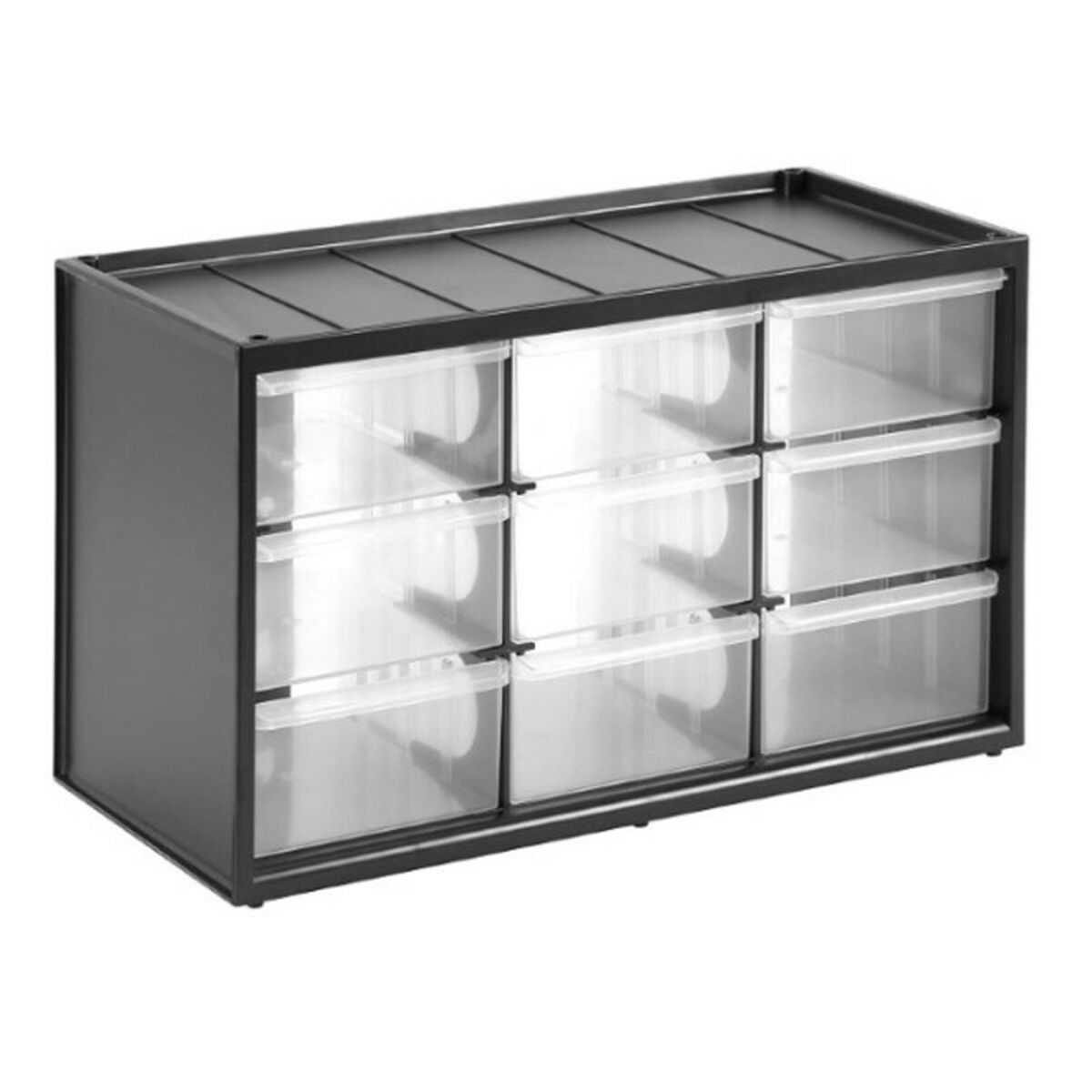 Schwarzer Schubladenschrank mit neun transparenten Schubladen, freigestellt.