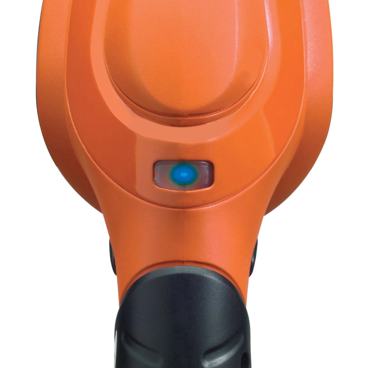 Maniglia di un dispositivo arancione con indicatore luminoso blu e dettagli neri, primo piano.