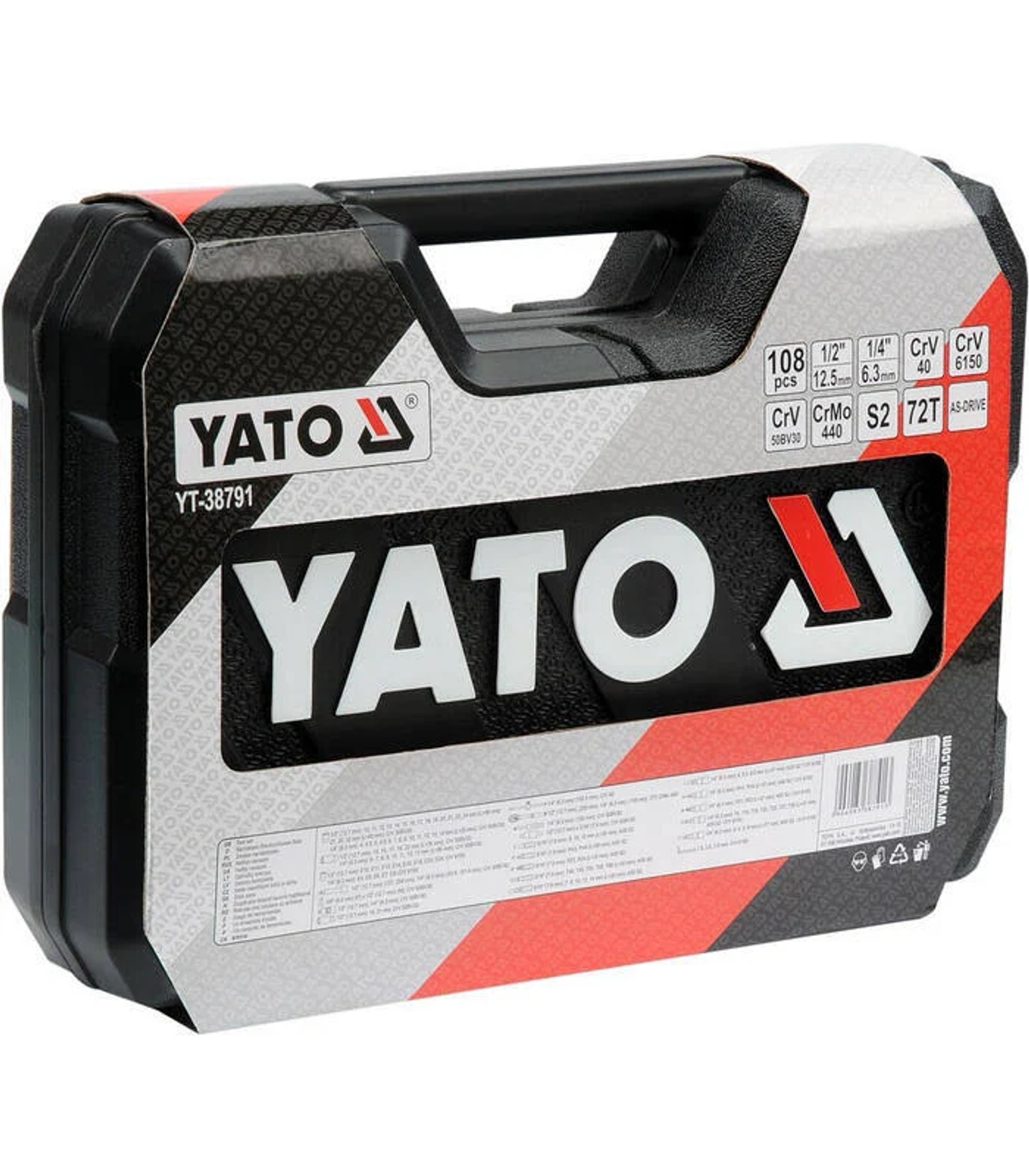 Czarna walizka na narzędzia z logo YATO i etykietami.