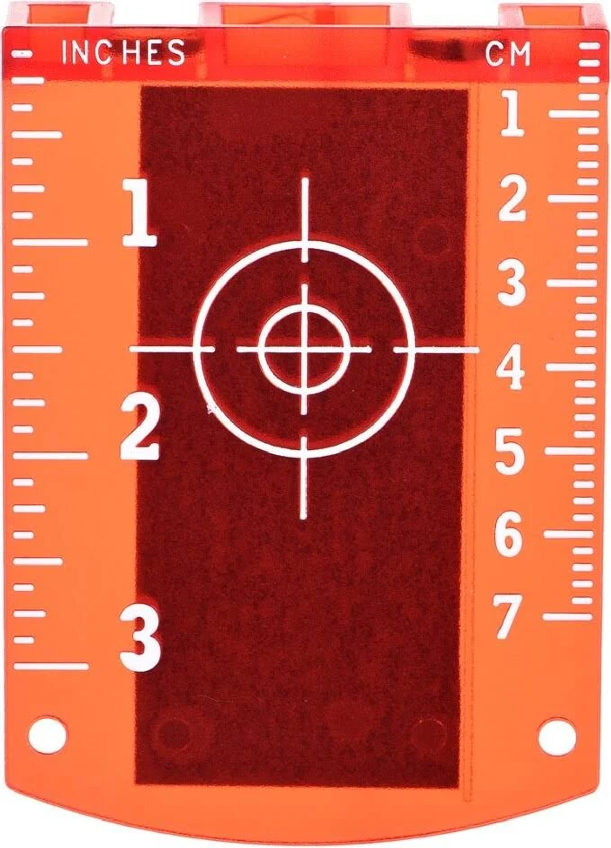 Orangener Zielscheibe mit Zoll- und cm-Maßen und einem weißen Kreis mit Fadenkreuz.