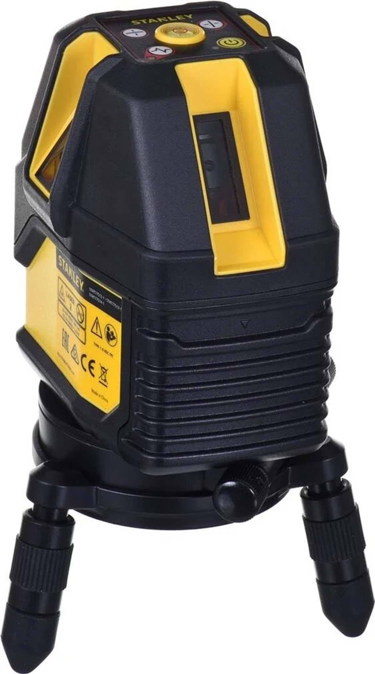 Gelb-schwarzes Laser-Niveau auf einem Stativ. Es hat Knöpfe und eine Pegelanzeige, schwarze Basis.