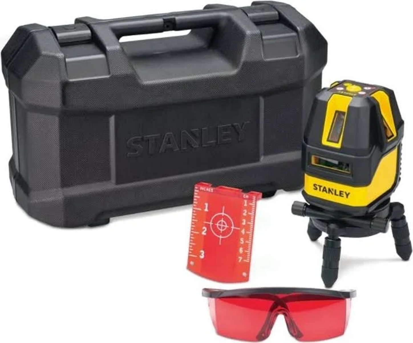 Ein schwarzer Koffer mit Werkzeugen. Ein Laser-Nivelliergerät und rote Brille sind sichtbar. Werkzeuge auf Weiß.