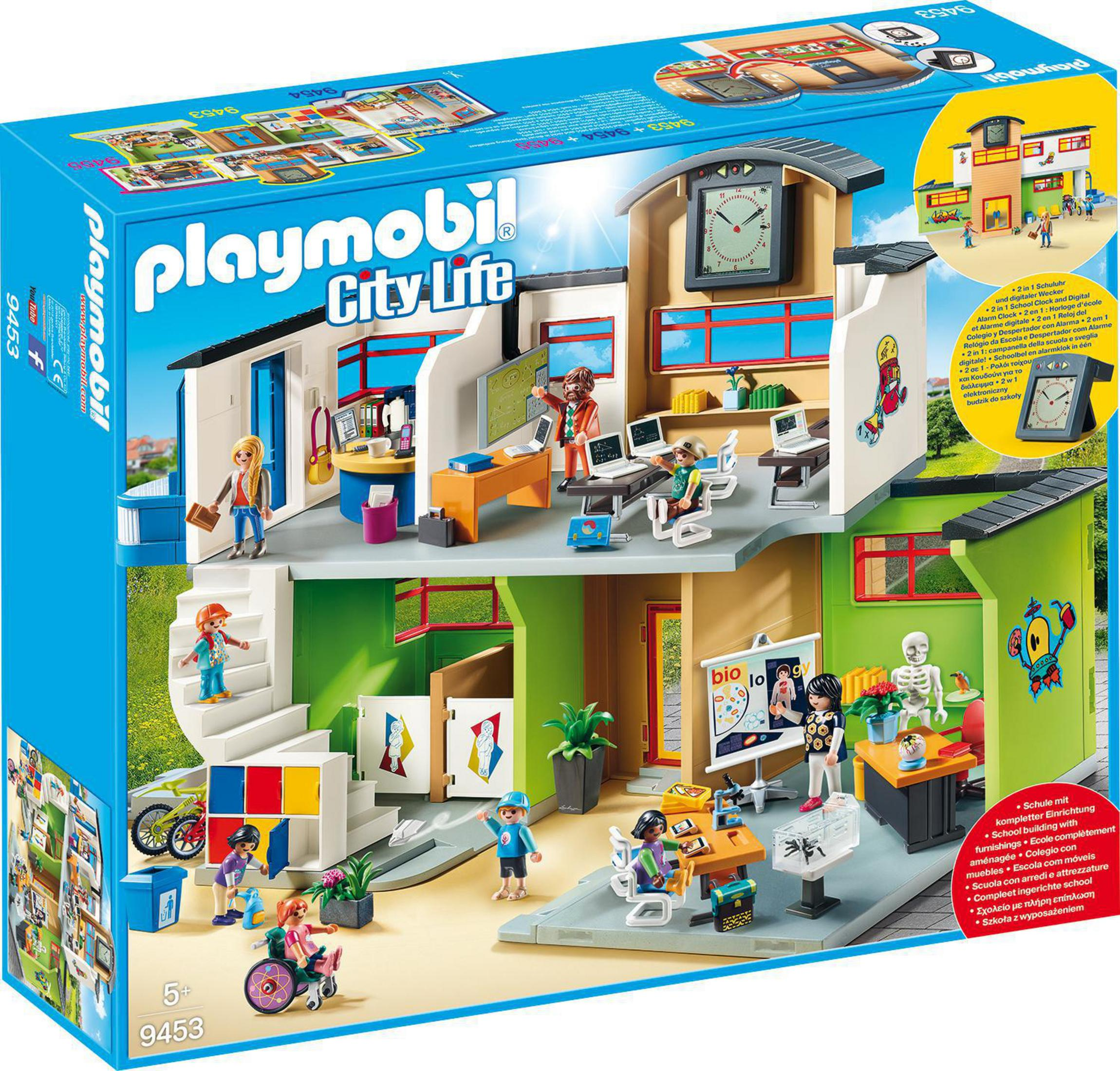 Set Playmobil City Life con edificio scolastico, personaggi e accessori.