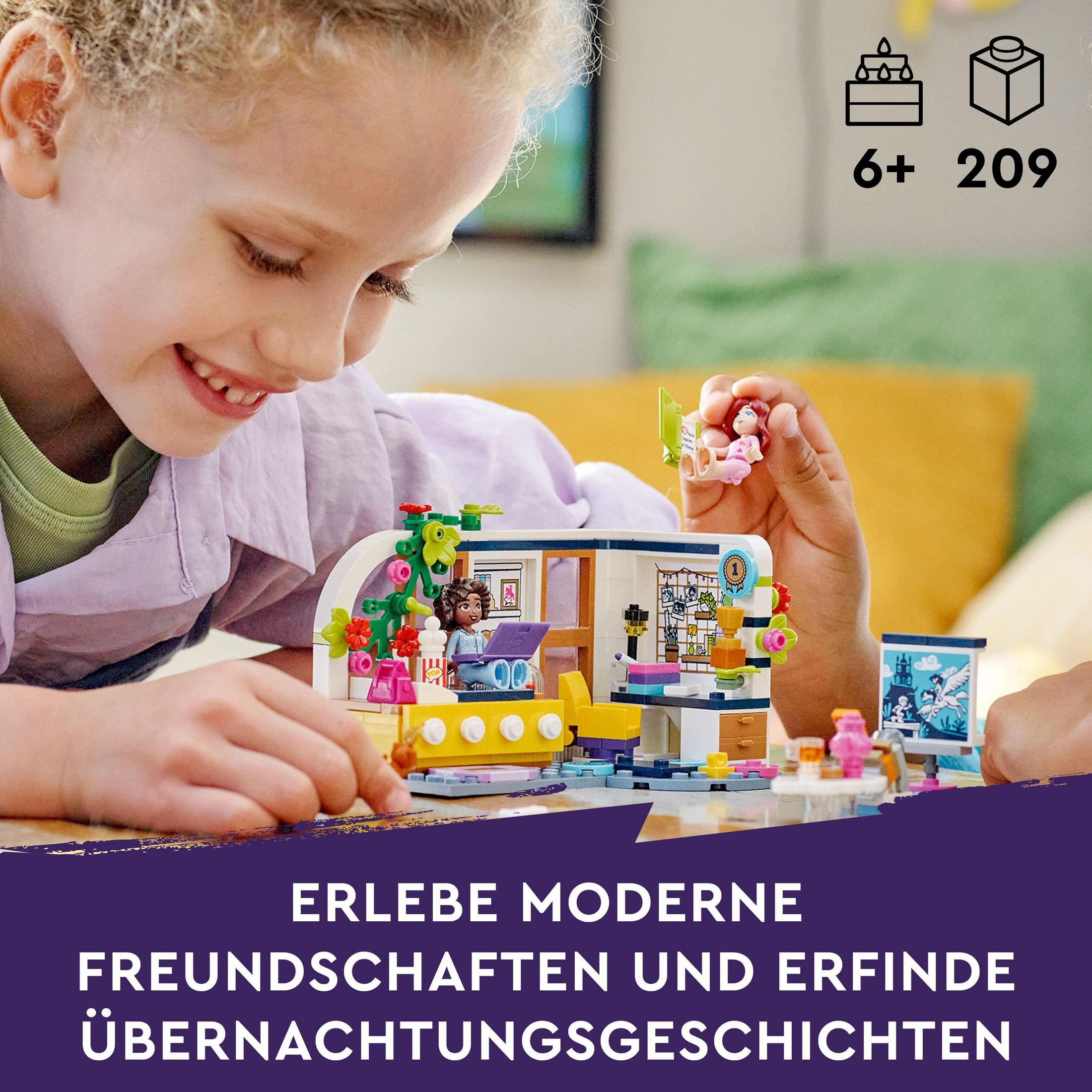 Kız, Lego setiyle oynuyor. Set, yatak ve aksesuarlarla bir bina içeriyor.