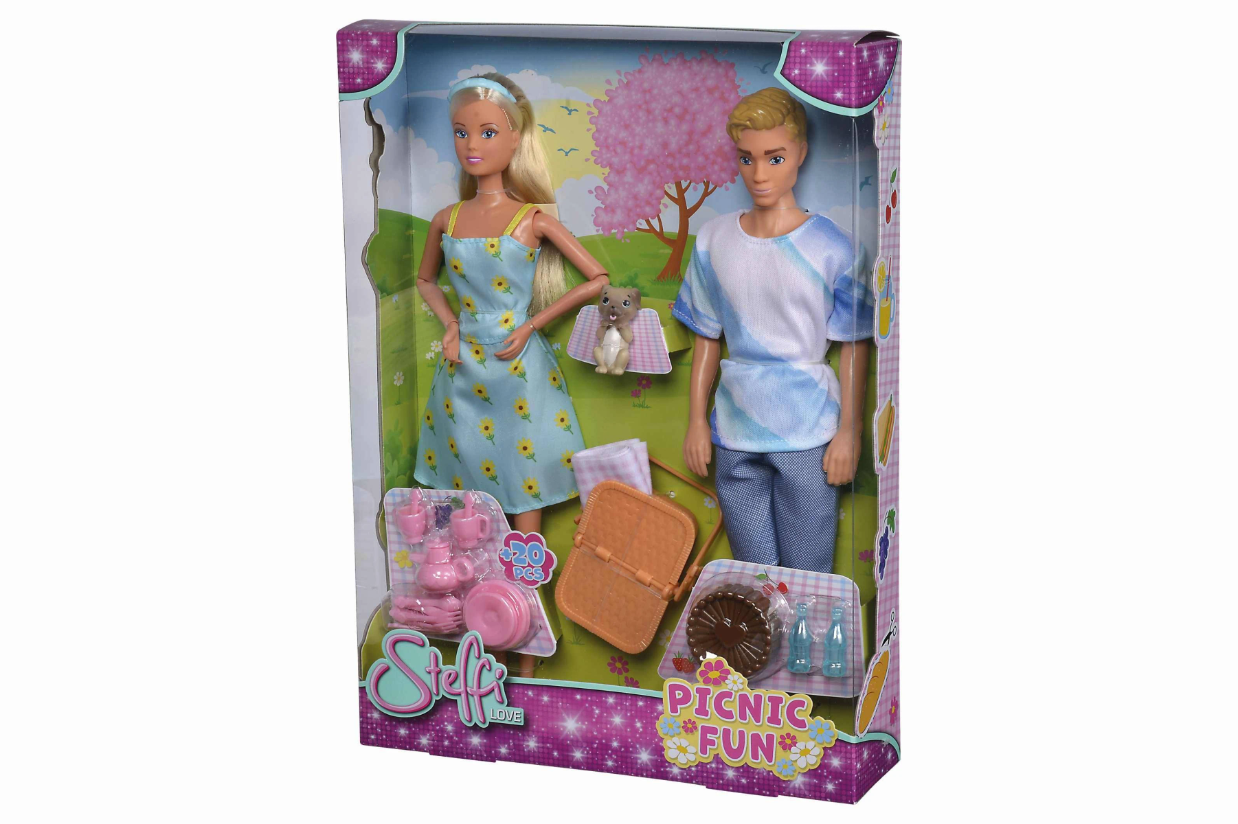 Puppen in einer Box, eine Frauenpuppe und eine Männerpuppe mit Picknickzubehör.