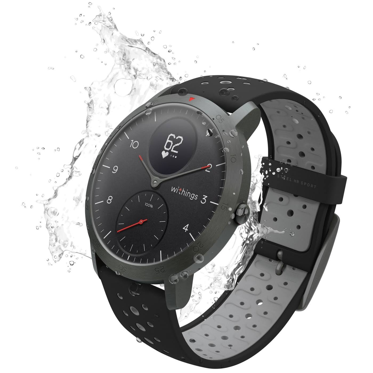 Smartwatch mit schwarzem Band und grauem Gehäuse, Wassertropfen darum.