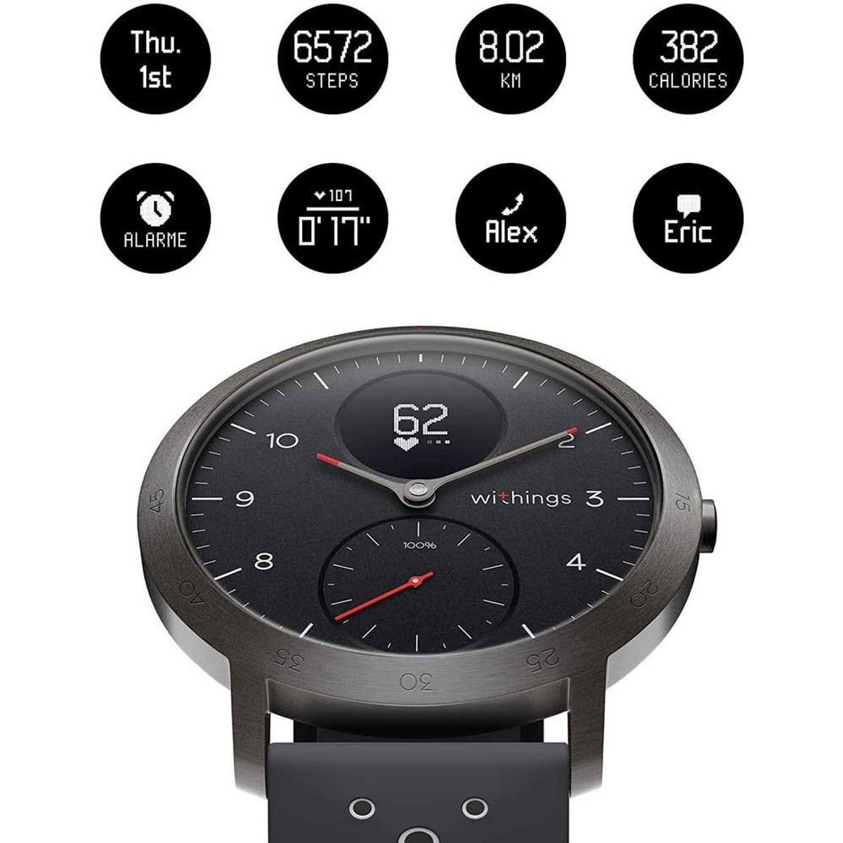 Smartwatch mit dunklem Zifferblatt, Anzeige von Zeit, Schritten, Kalorien und Funktionen.