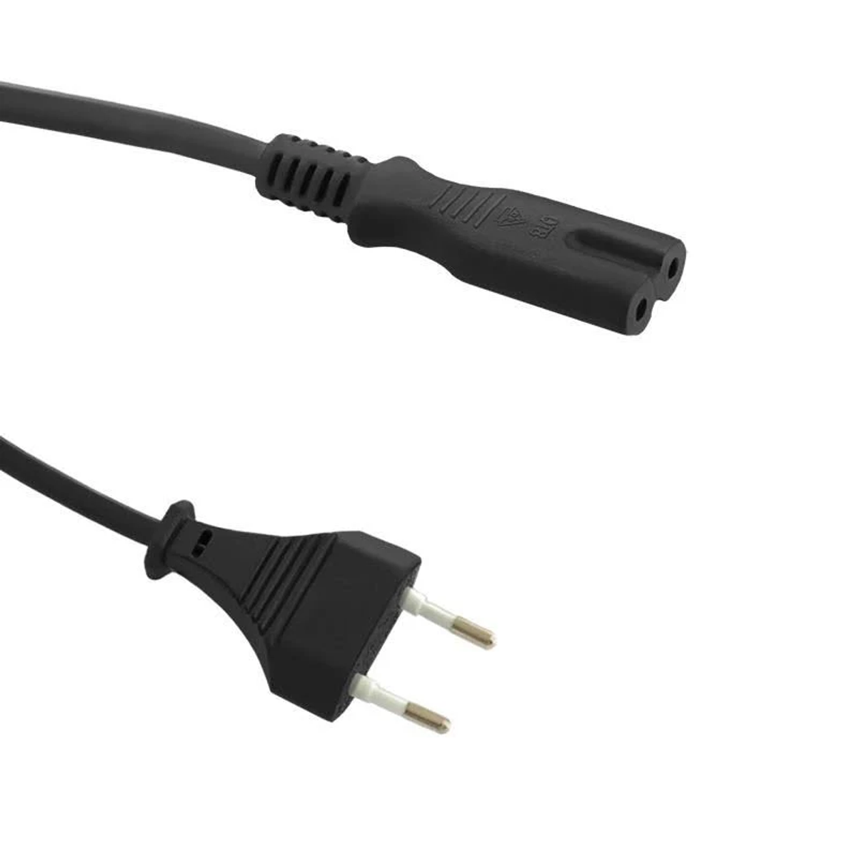 Schwarzes Netzkabel und Stecker mit einem zweipoligen EU-Stecker.