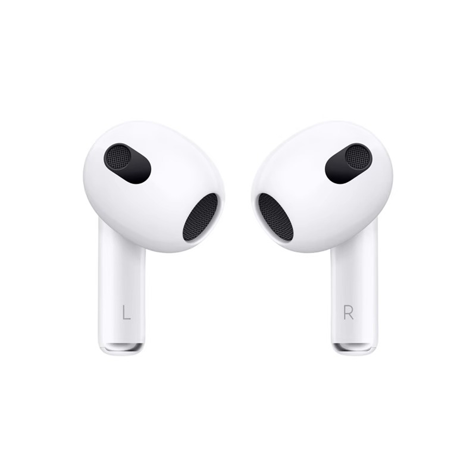 Zwei weiße Apple AirPods-Ohrhörer. Sie sind in verschiedene Richtungen gerichtet.