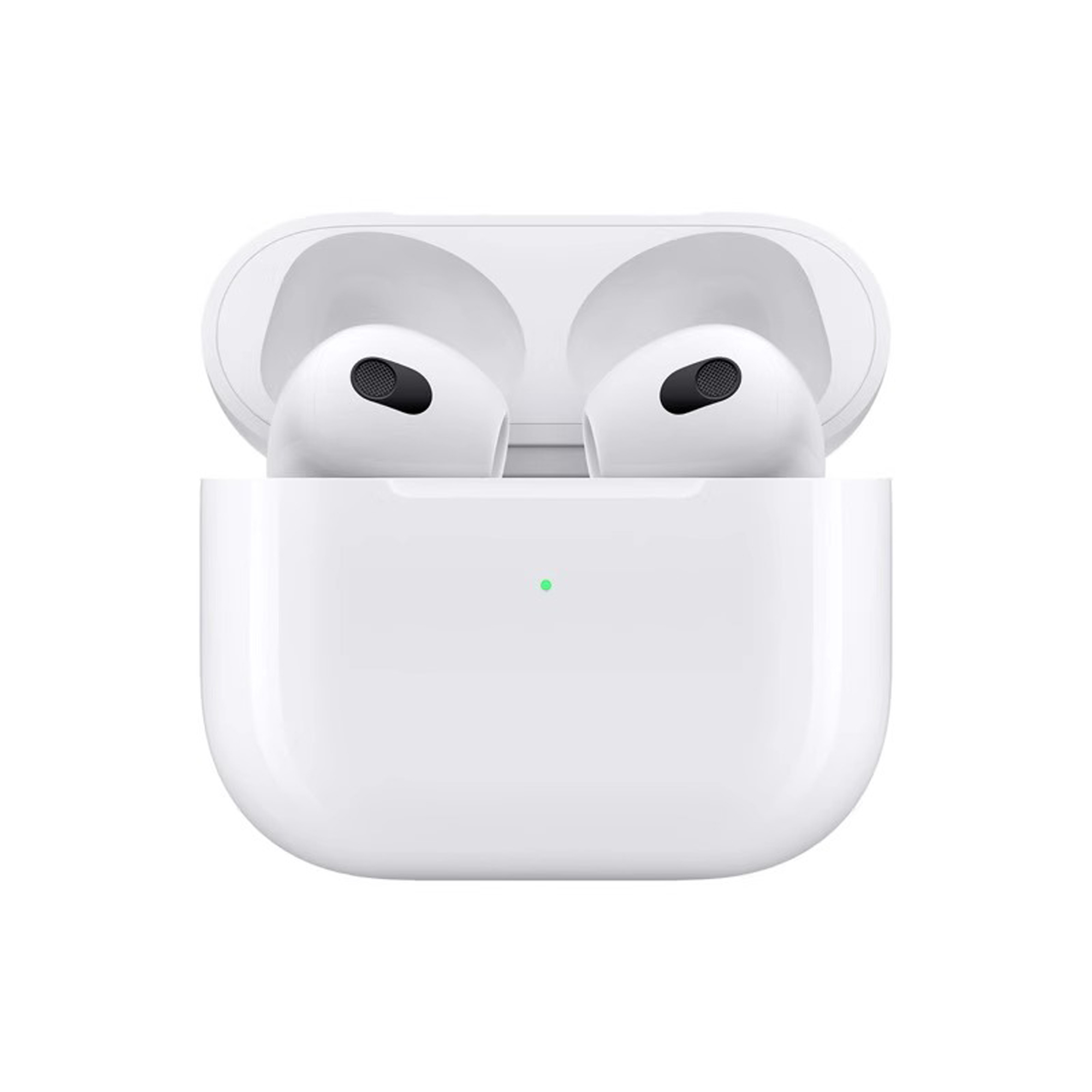 Weiße AirPods-Ohrhörer in ihrem offenen Ladecase. Das Case ist weiß und hat ein grünes Licht.